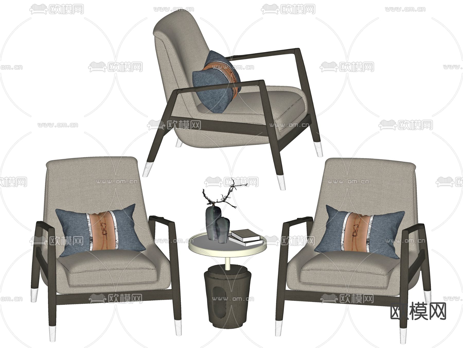 新中式布艺休闲椅su模型下载（渲染图2）