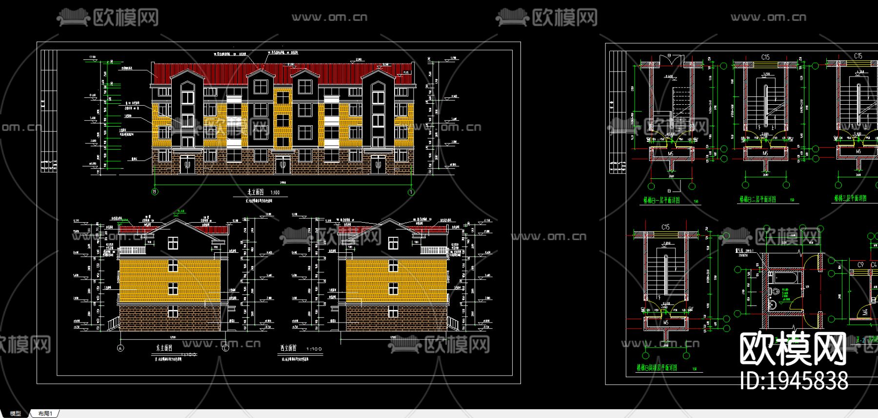 别墅建筑cad施工图下载（渲染图1）