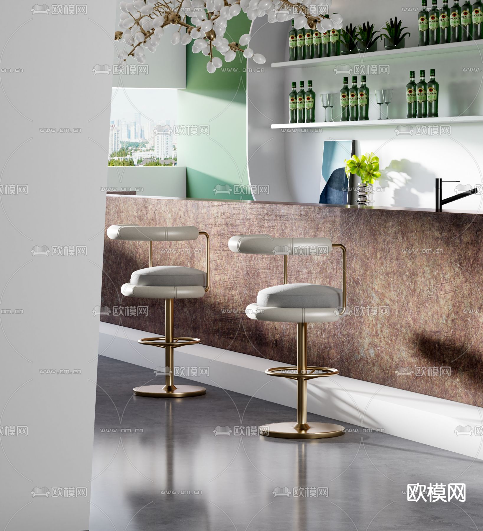 现代皮革吧椅3d模型下载（渲染图1）