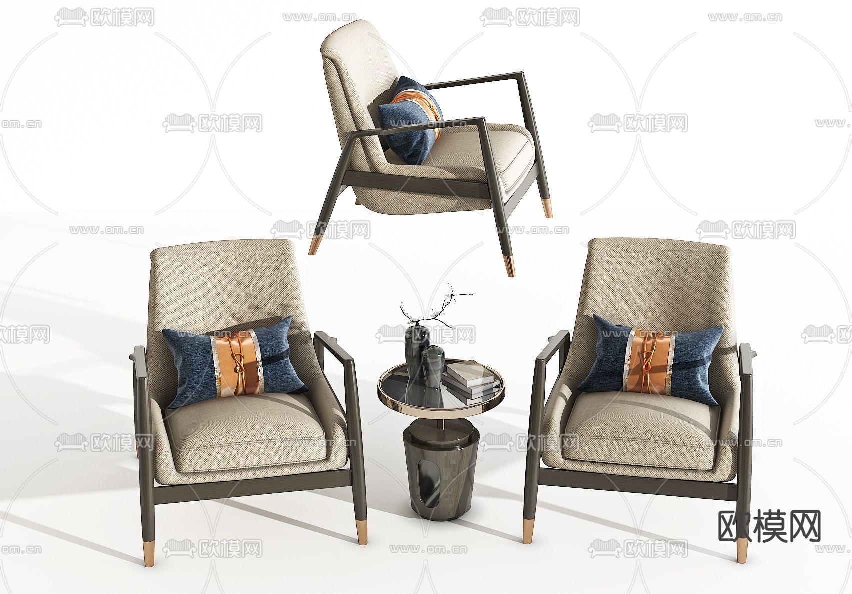 新中式布艺休闲椅su模型下载（渲染图1）