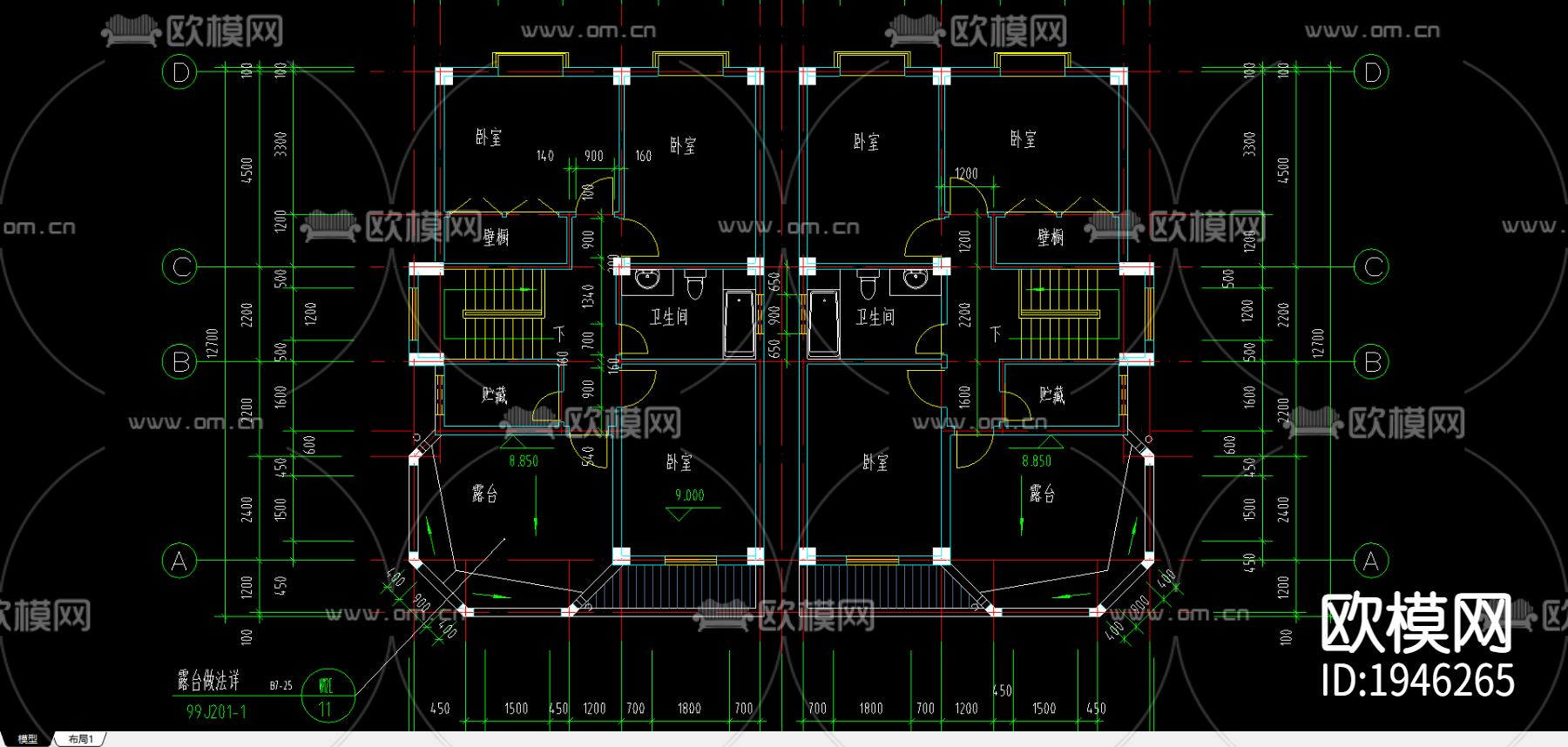 别墅建筑cad施工图下载（渲染图1）