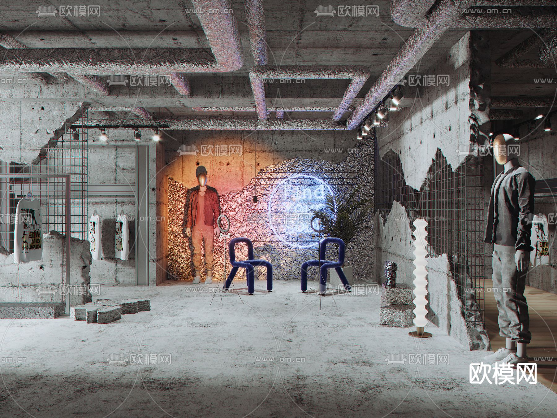 工业风服装店网红直播间3d模型下载（渲染图1）