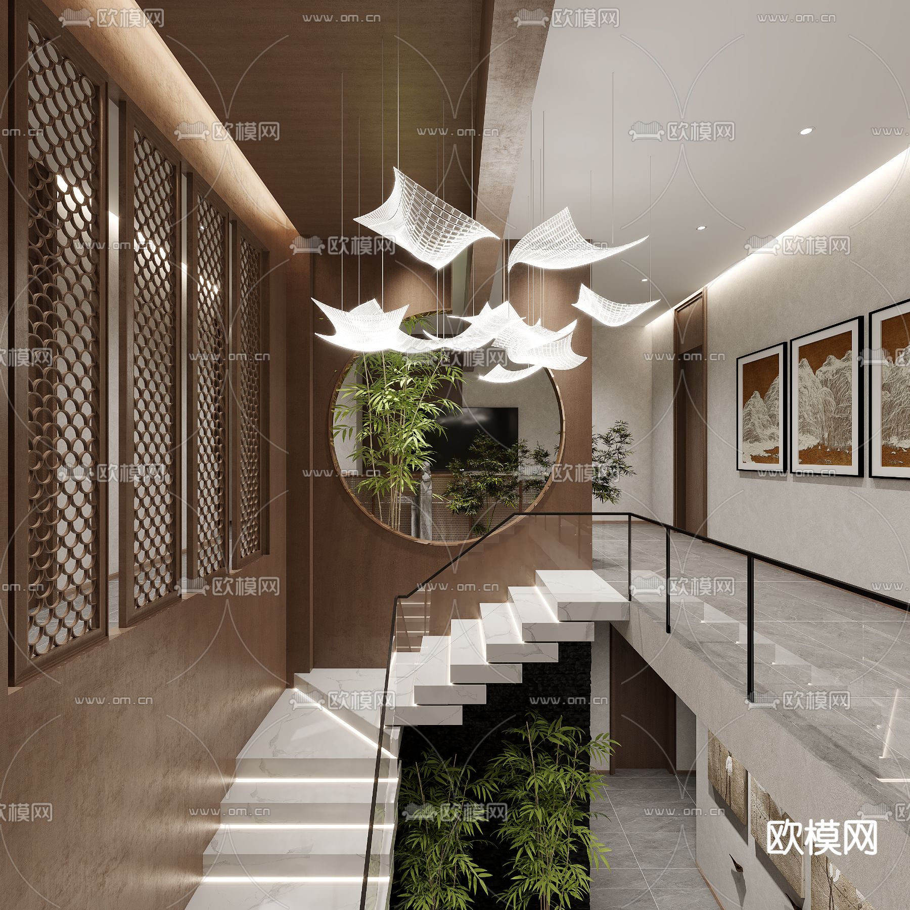 新中式会所楼梯间3d模型
