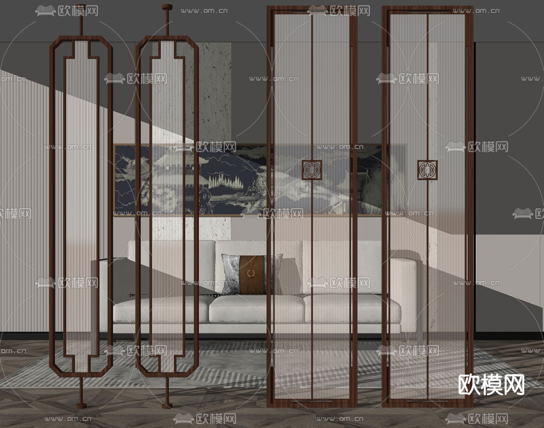 新中式玻璃屏风隔断su模型下载（渲染图2）