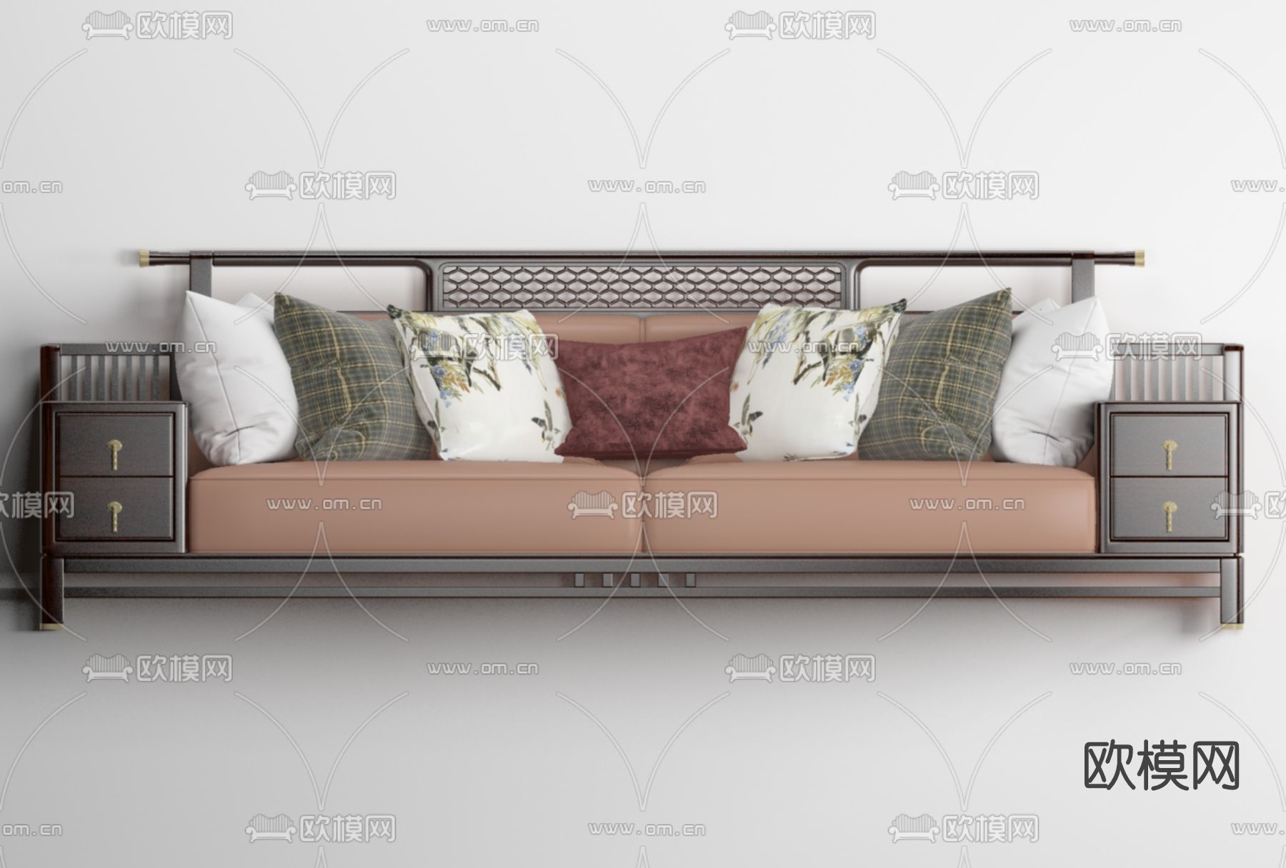 新中式皮革双人沙发免费3d模型下载