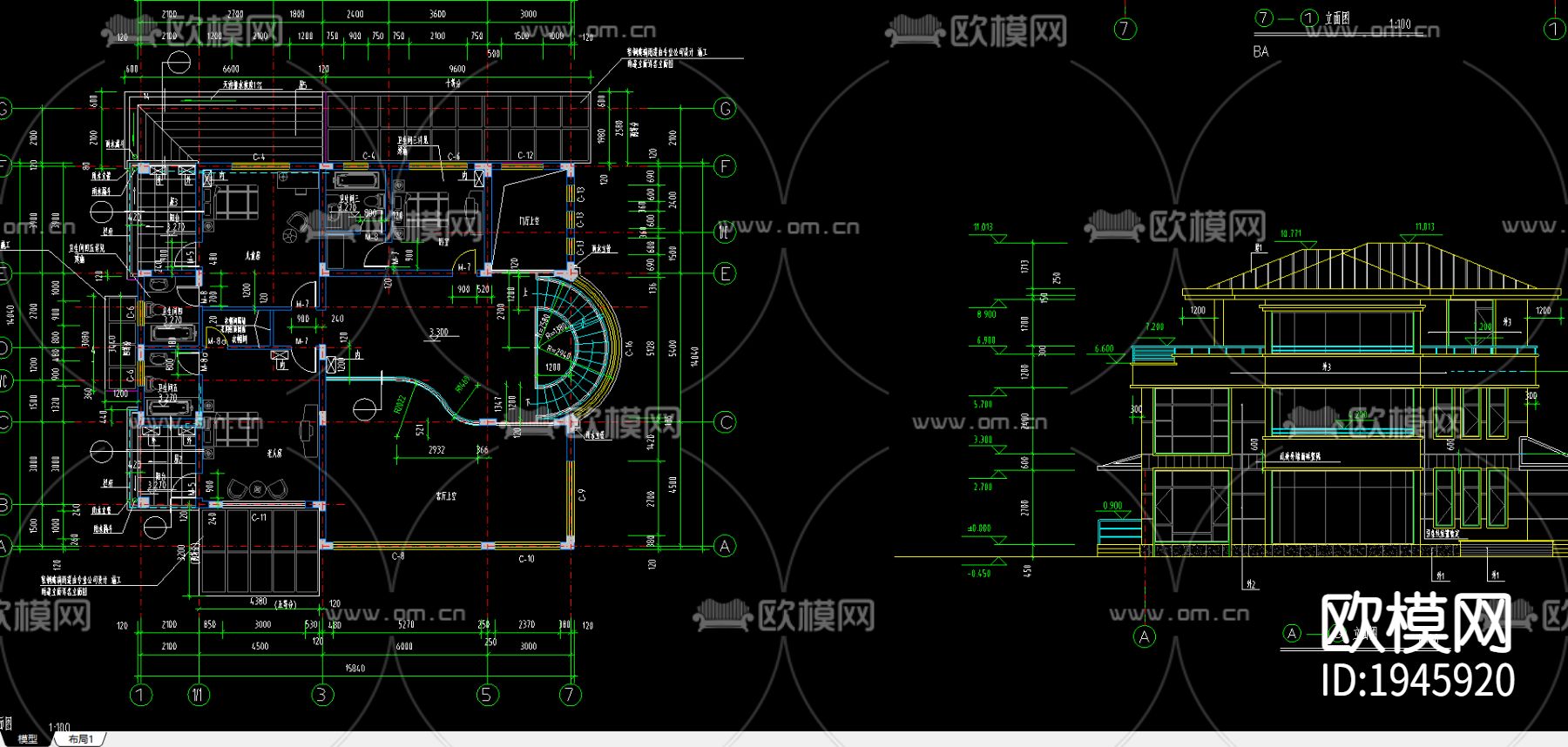别墅建筑cad施工图-免费3dmax模型库-欧模网