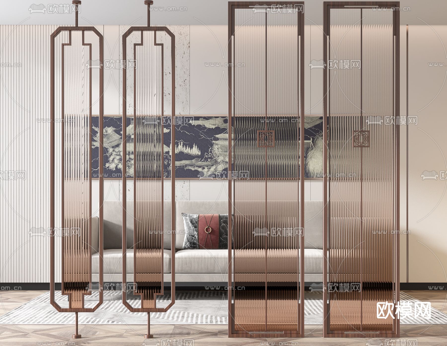 新中式玻璃屏风隔断su模型下载（渲染图1）