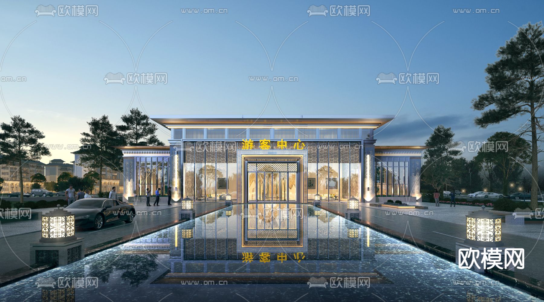 简欧游客中心外观夜景3d模型下载