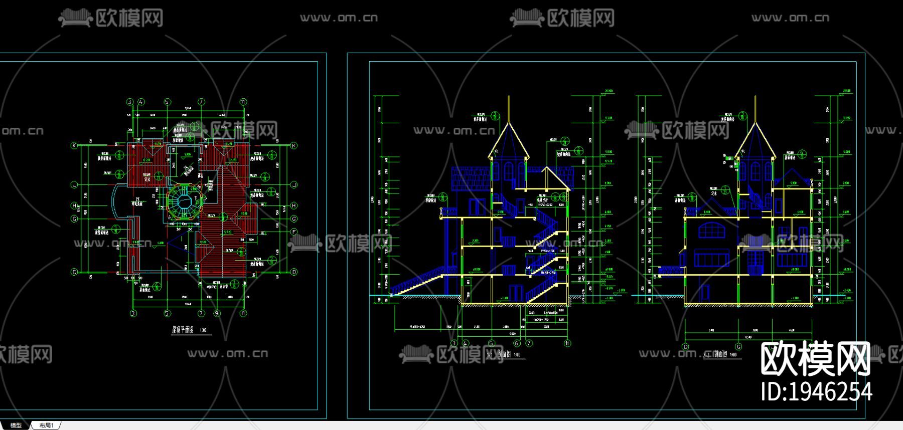 别墅建筑cad施工图下载（渲染图1）