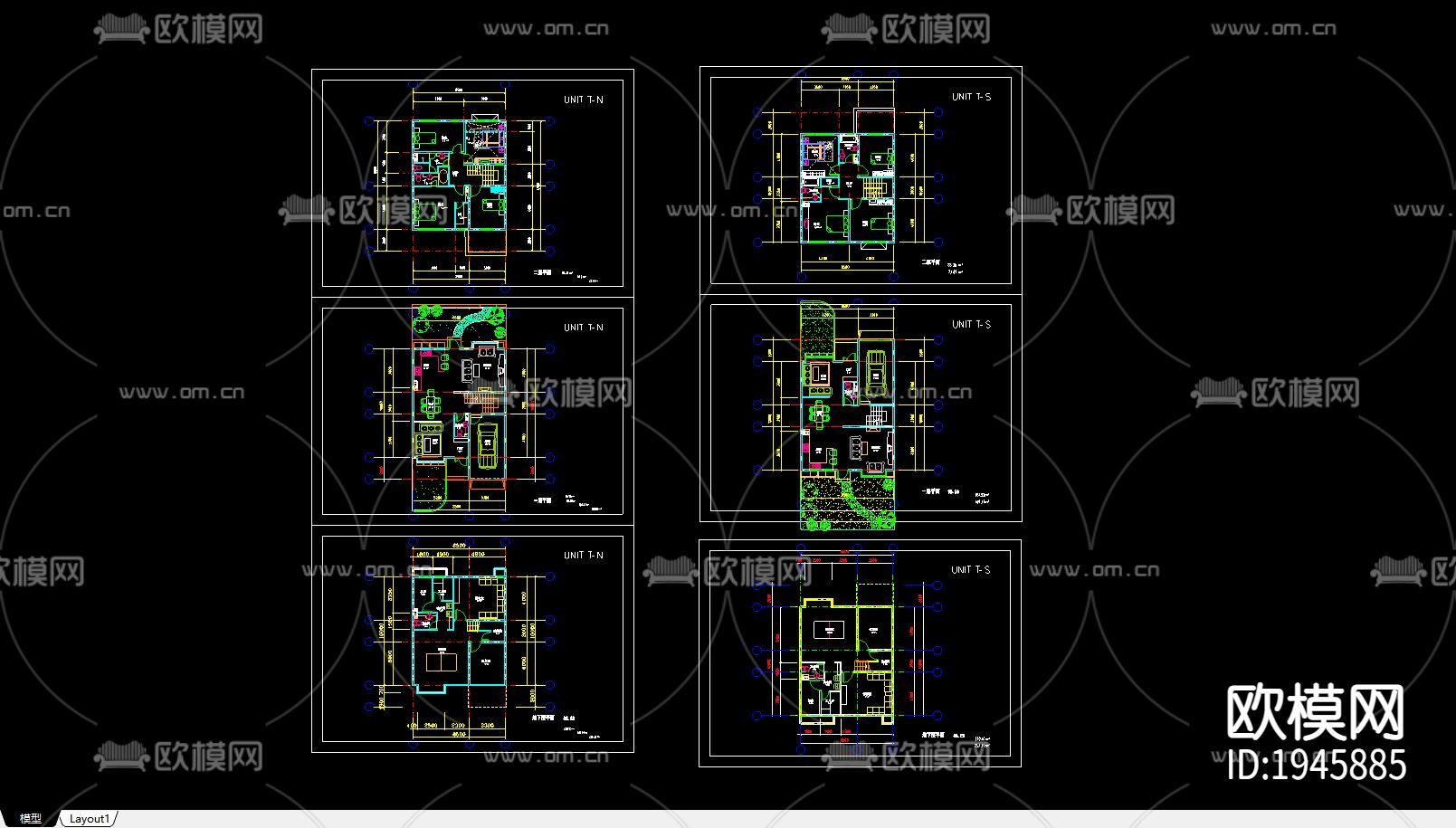 联排别墅建筑cad施工图下载（渲染图1）