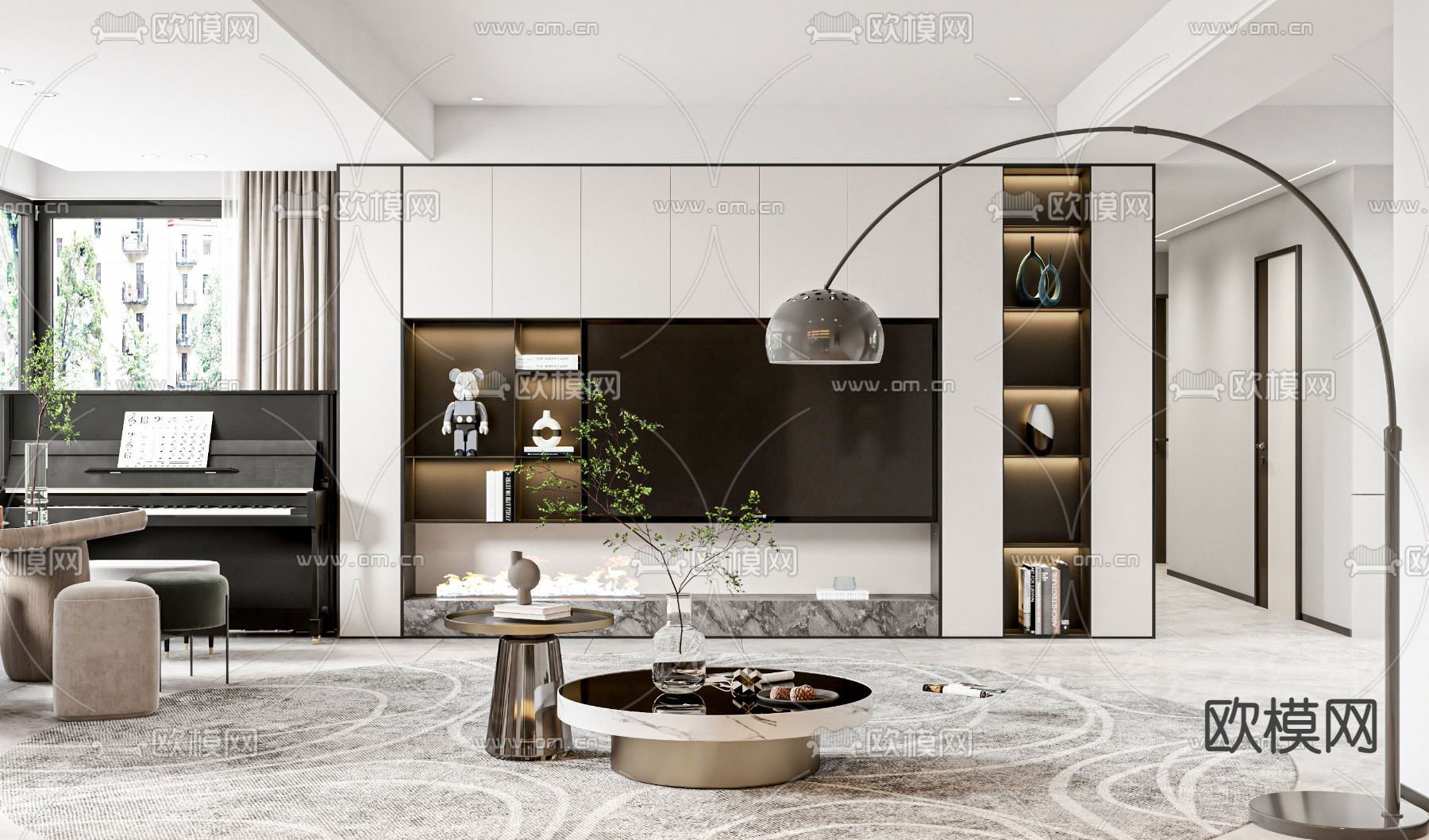 现代轻奢客厅餐厅3d模型下载（渲染图2）