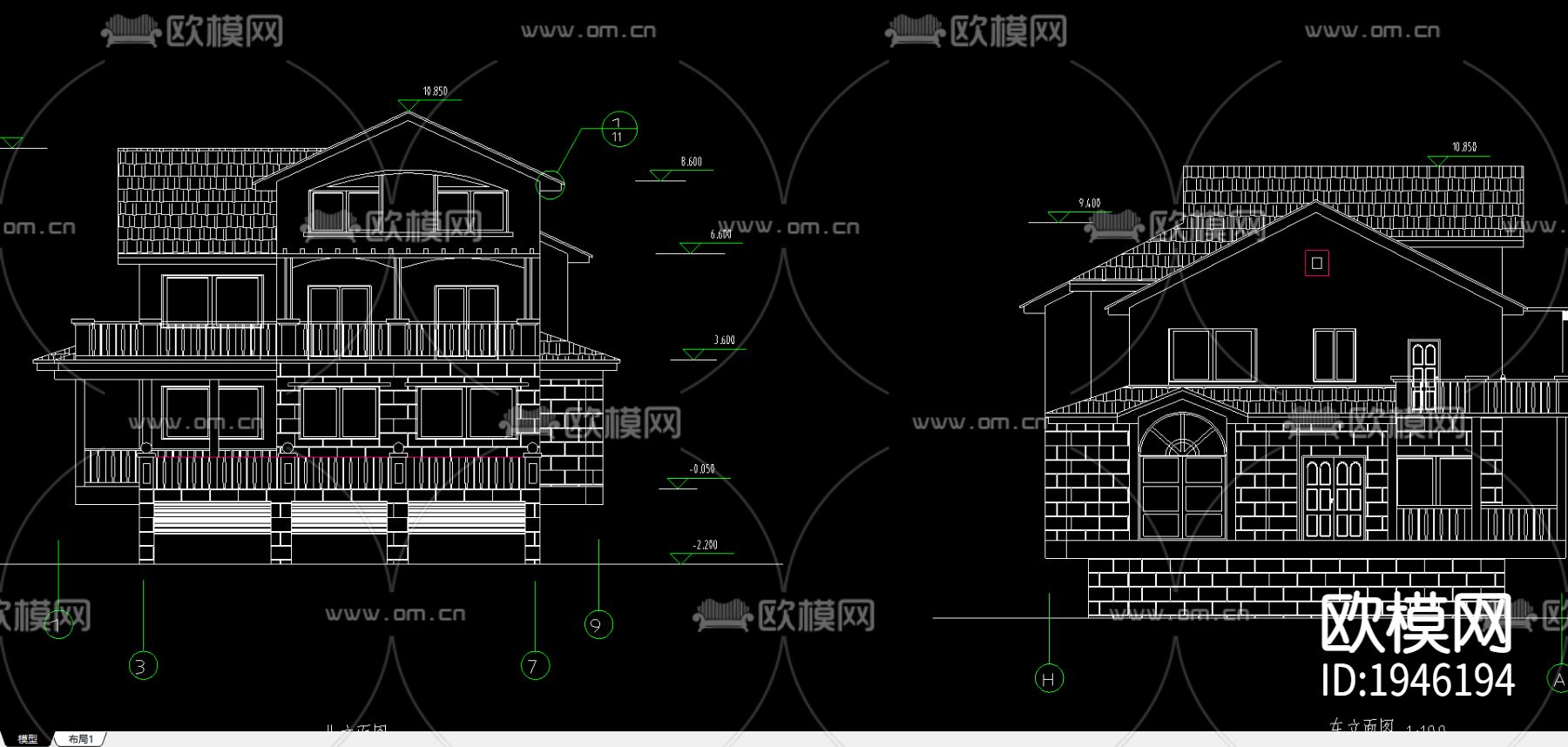 别墅建筑cad施工图下载（渲染图2）