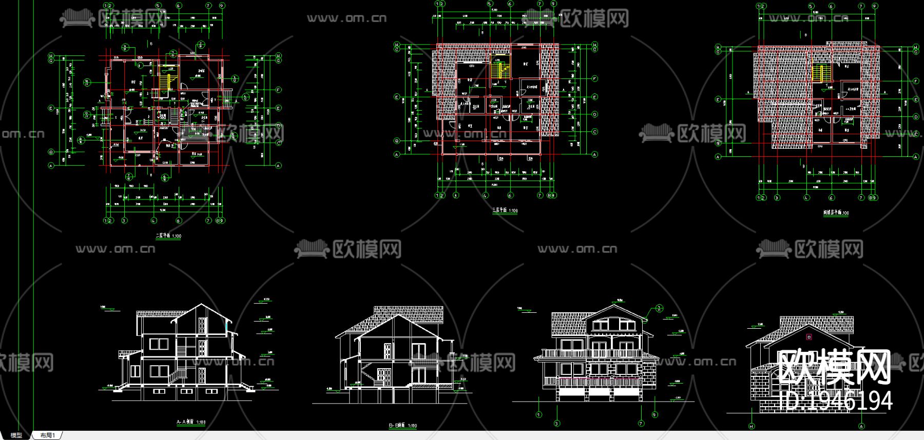 别墅建筑cad施工图下载（渲染图1）