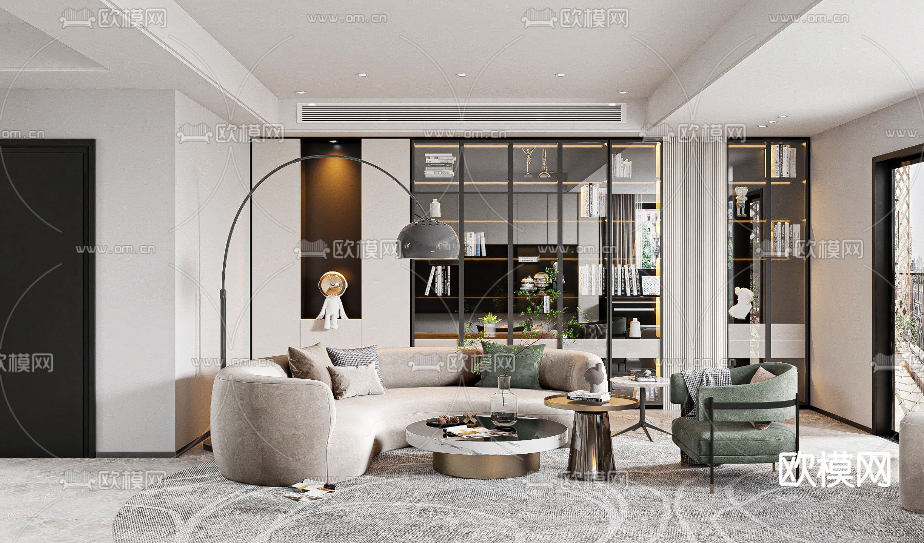 现代轻奢客厅餐厅3d模型下载（渲染图1）