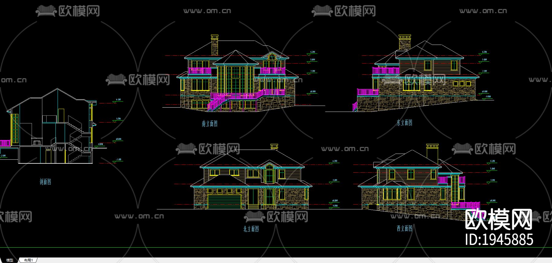 联排别墅建筑cad施工图下载（渲染图2）