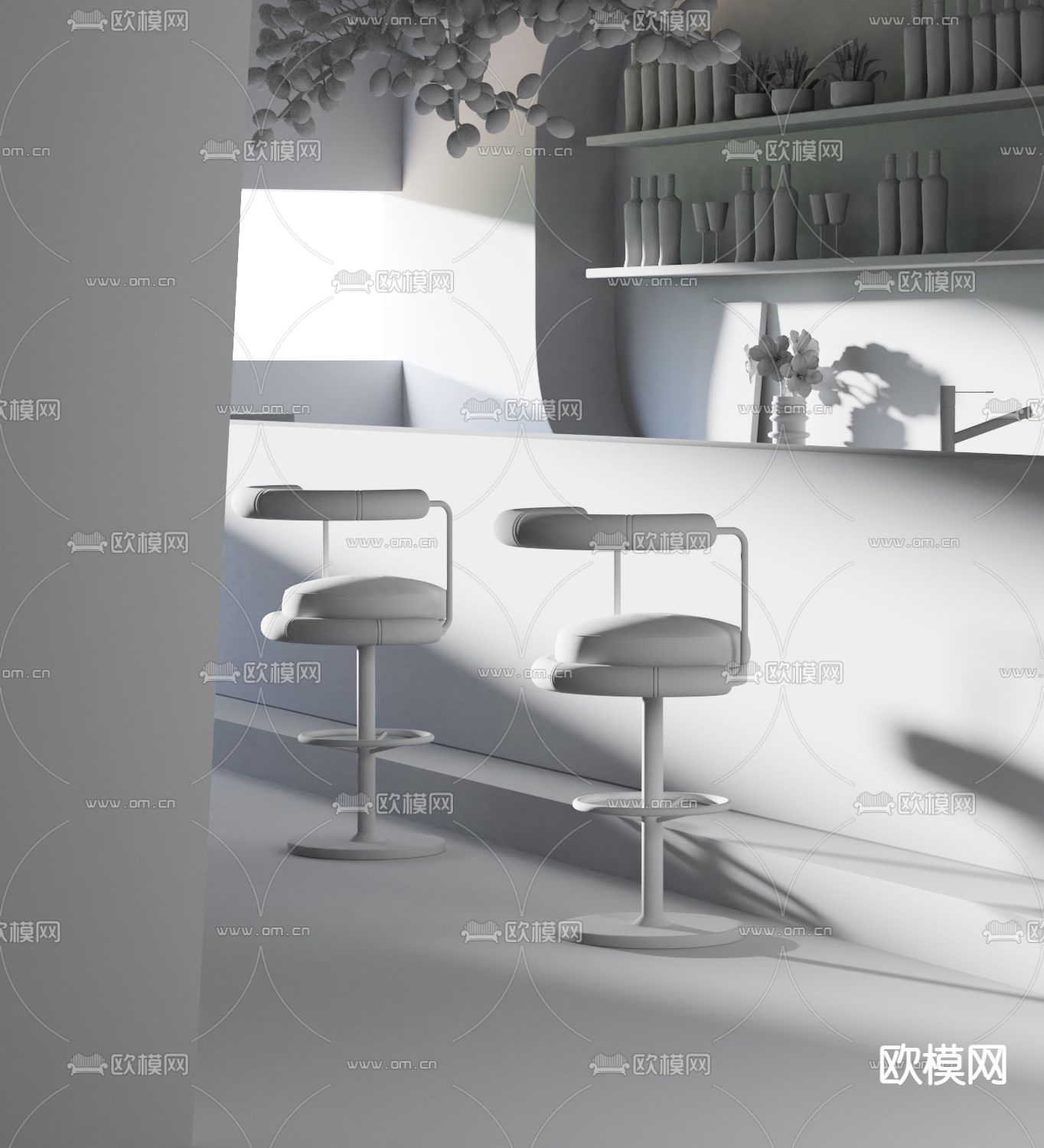 现代皮革吧椅3d模型下载（渲染图2）