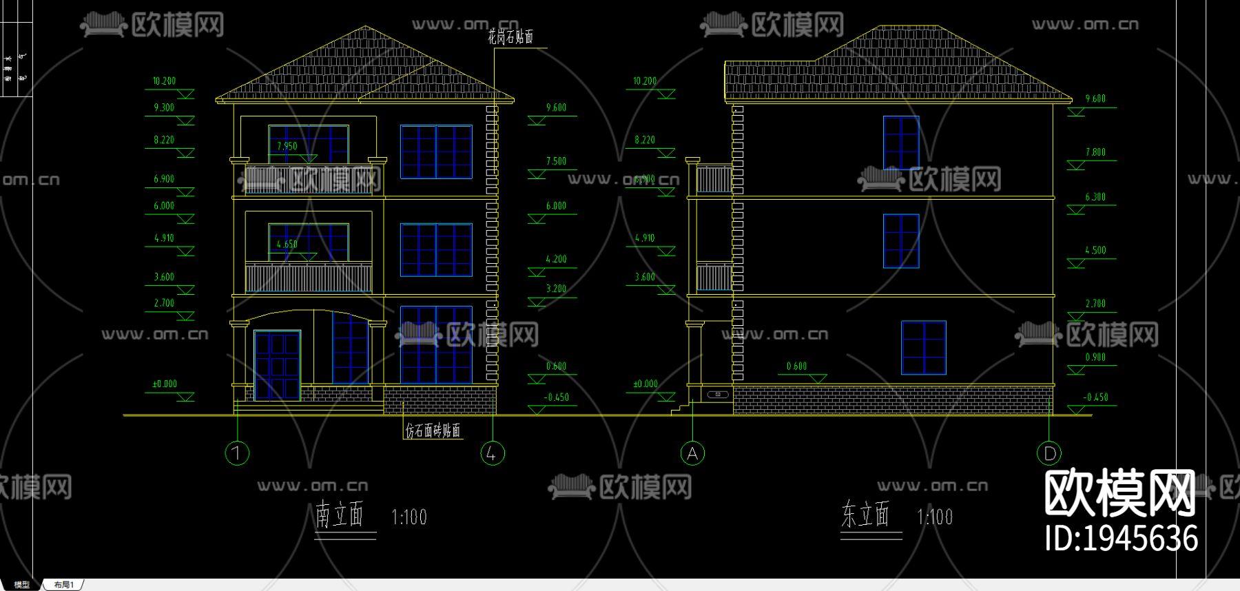 3层别墅全套建筑cad施工图-免费3dmax模型库-欧模网