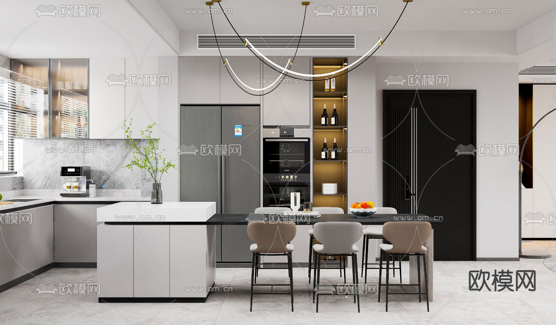 现代轻奢客厅餐厅3d模型下载（渲染图3）