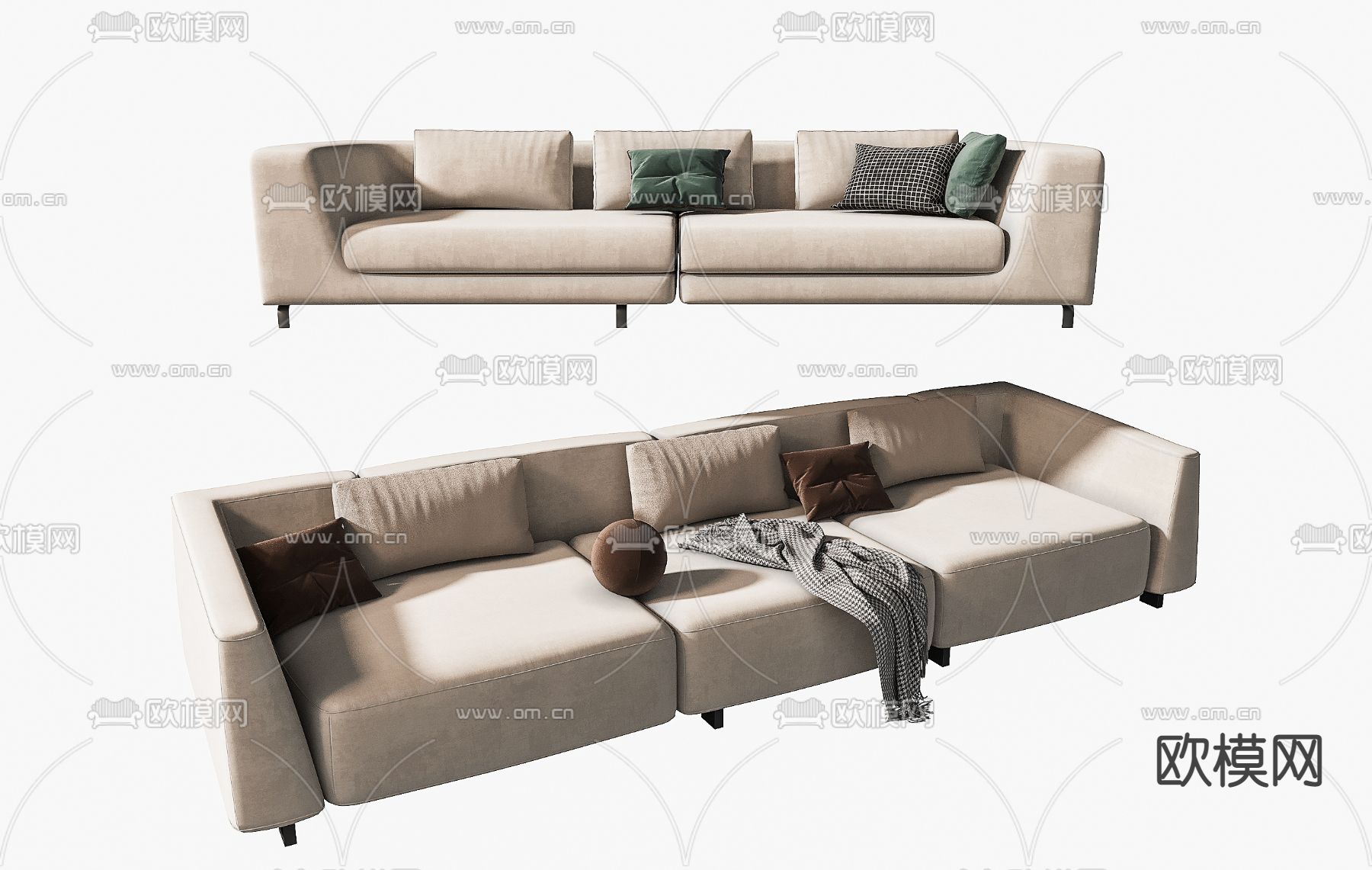 现代布艺多人沙发su模型下载（渲染图1）