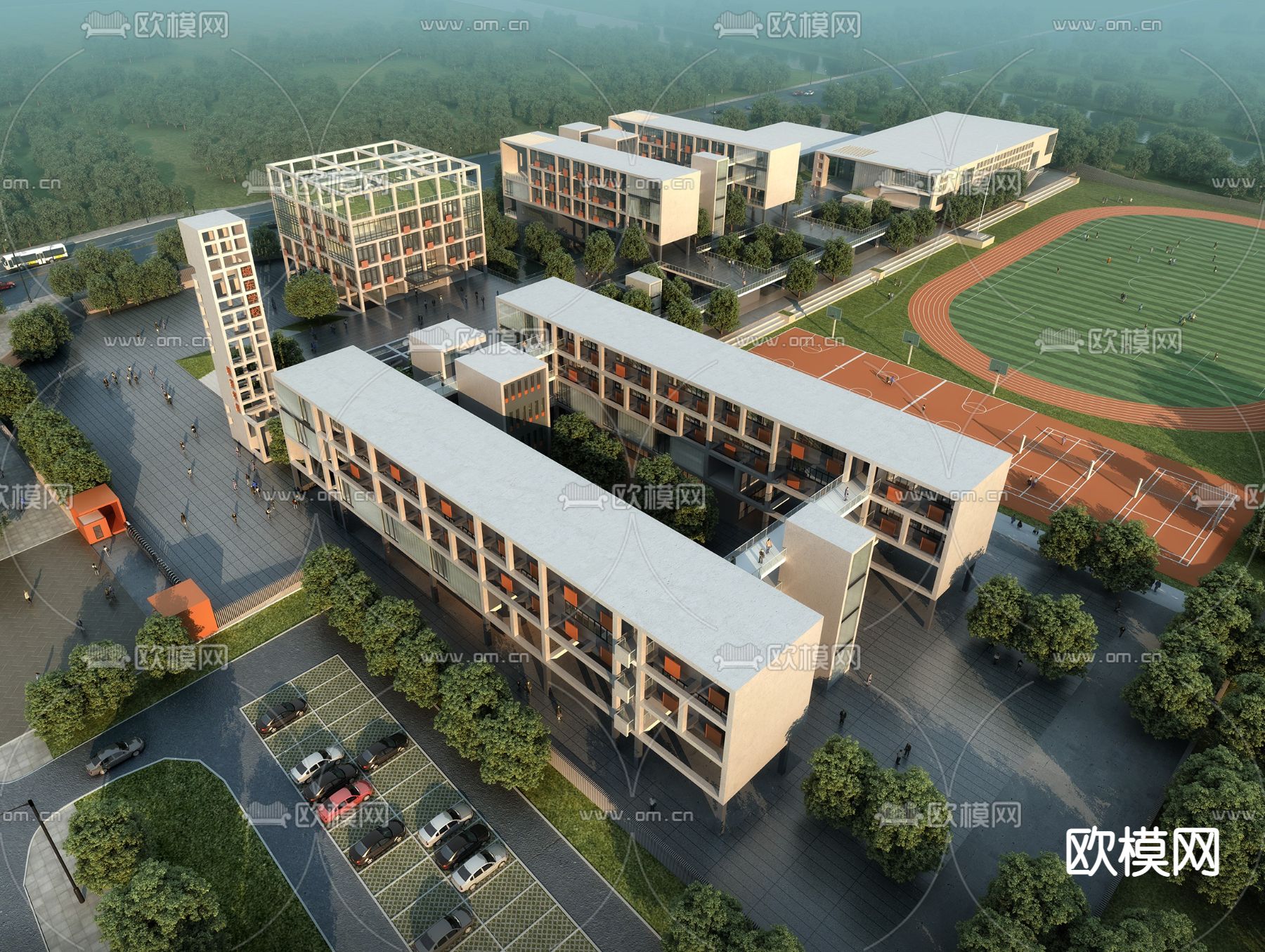 现代校园学校鸟瞰su模型下载（渲染图1）