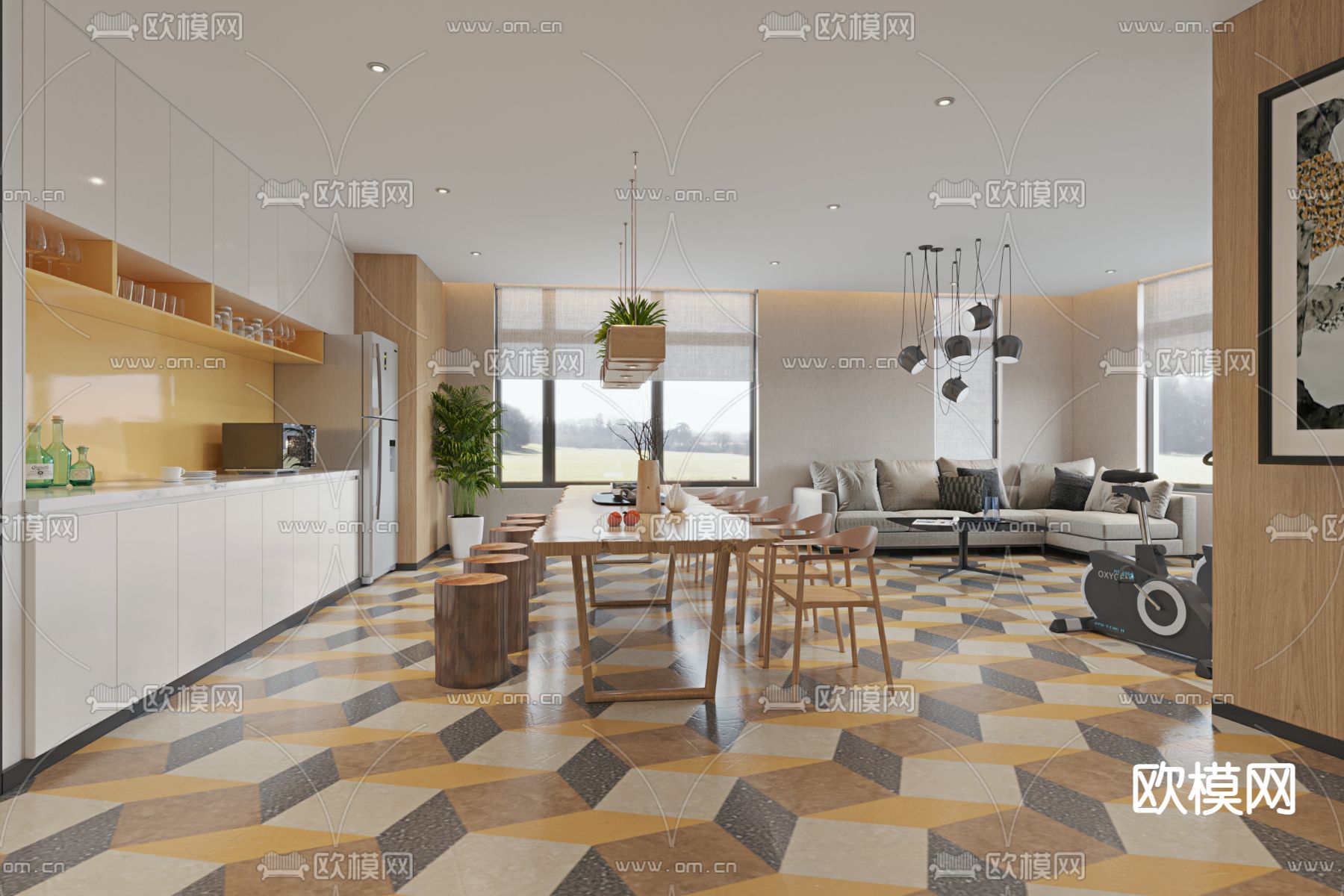现代办公室茶水间3d模型下载（渲染图2）