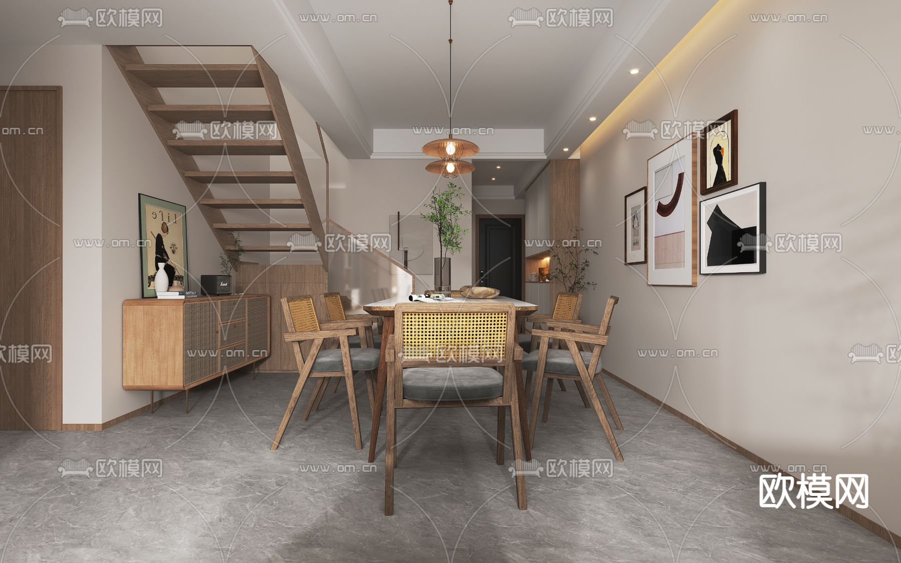 侘寂客厅餐厅3d模型下载（渲染图4）