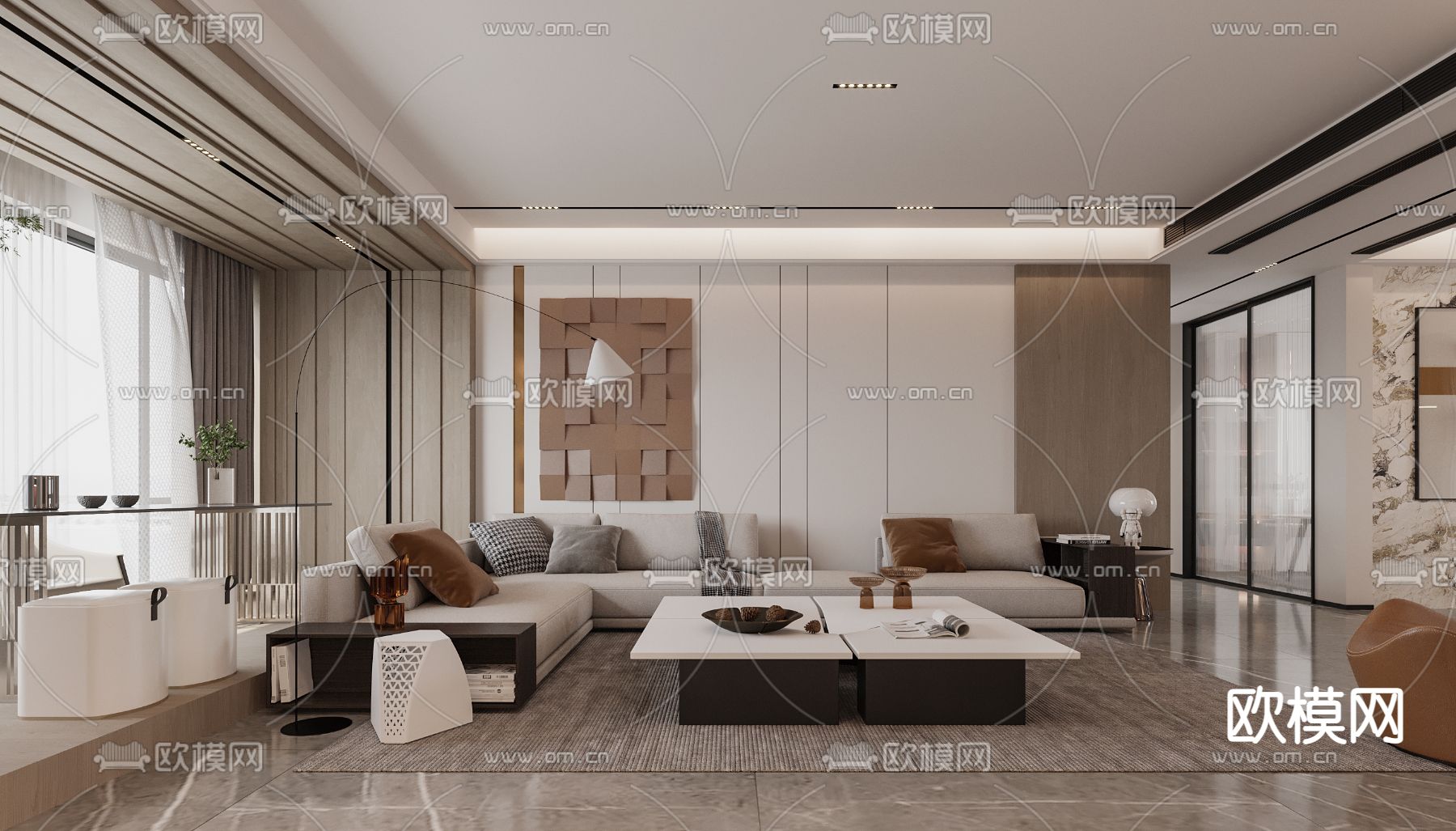 现代客厅餐厅3d模型下载（渲染图1）