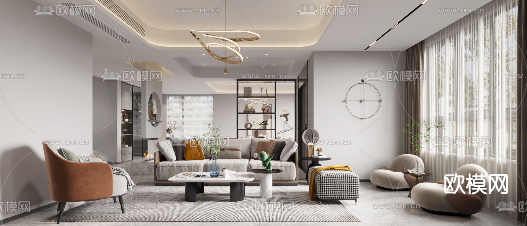 现代轻奢客厅餐厅3d模型下载（渲染图1）