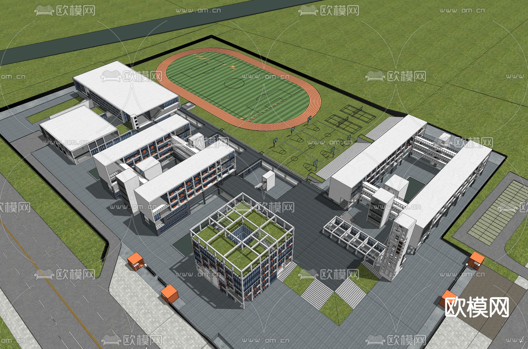 现代校园学校鸟瞰su模型下载（渲染图3）