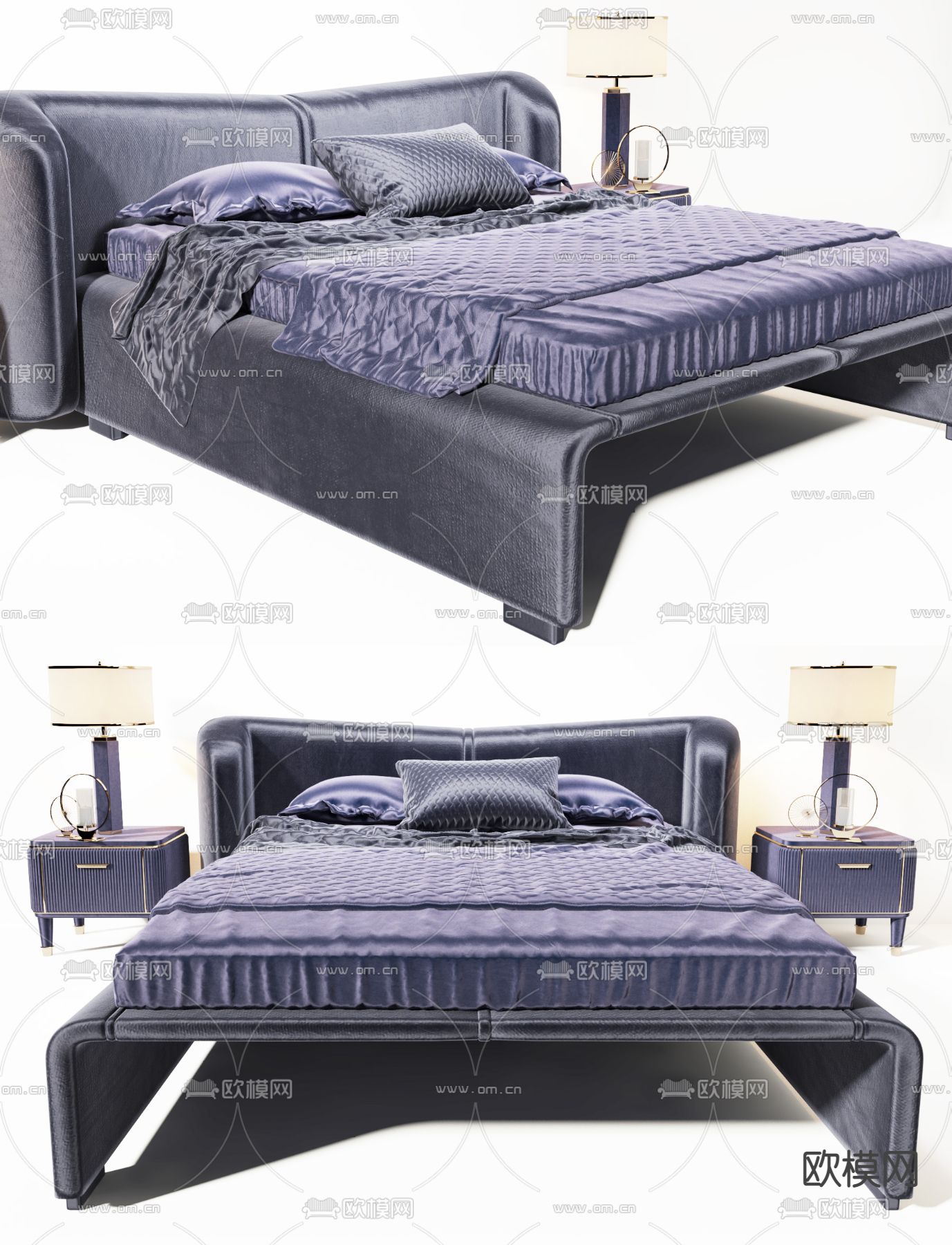 后现代丝绒双人床3d模型下载（渲染图2）