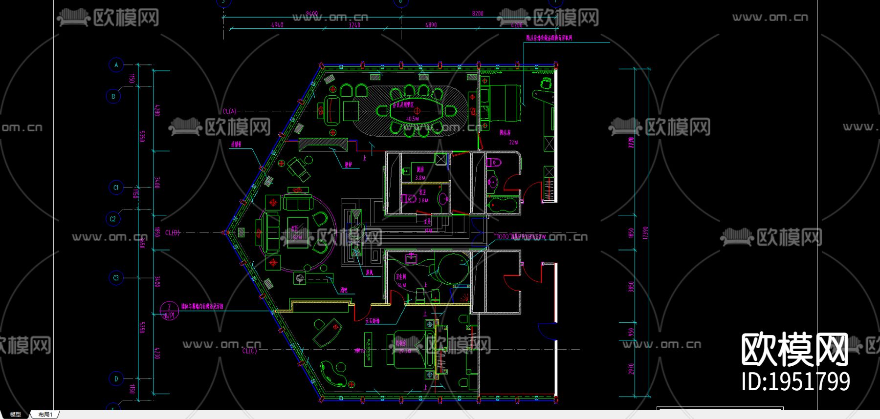 一个总统套房平面下载（渲染图3）