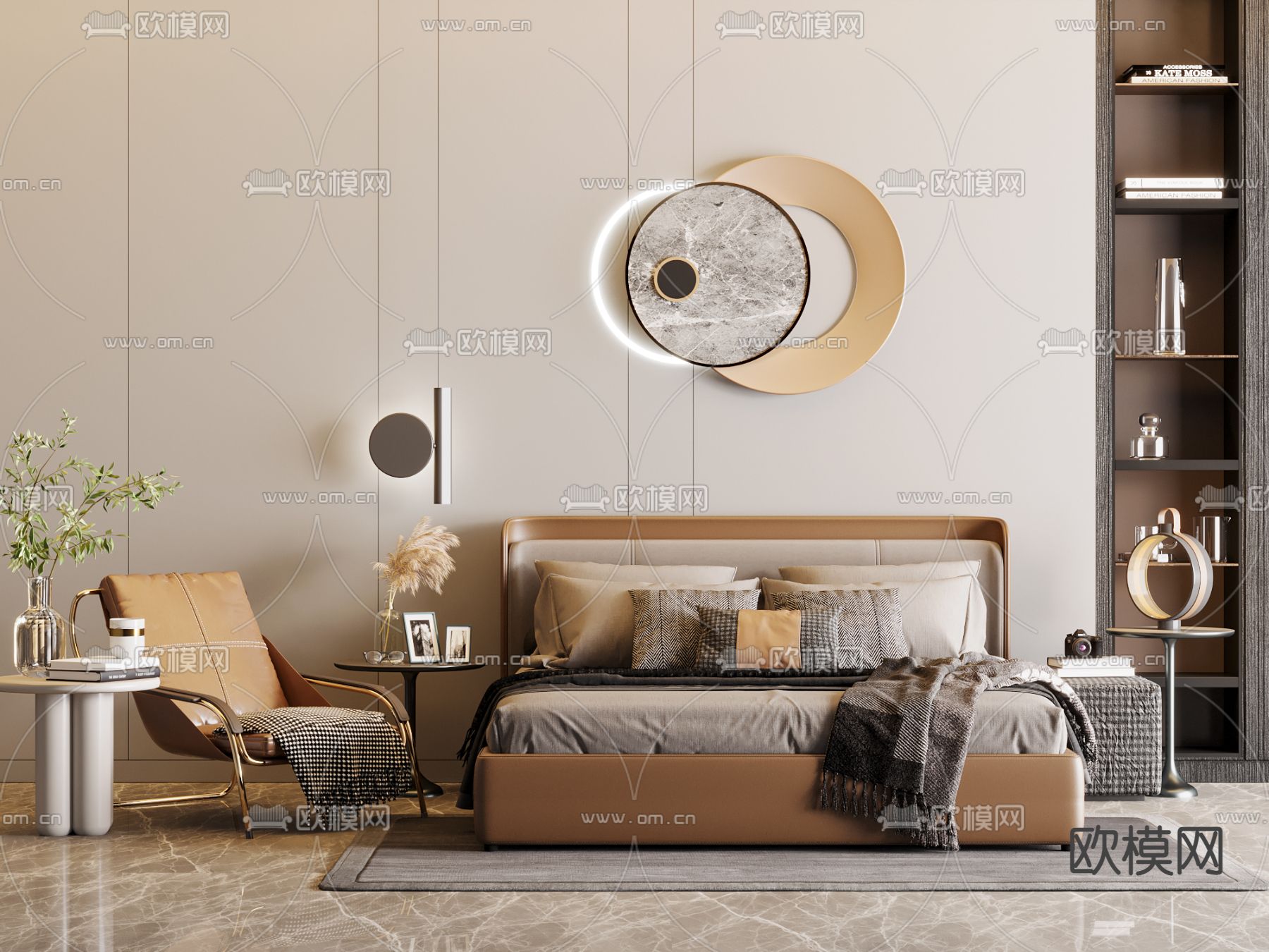 现代布艺双人床su模型下载（渲染图1）