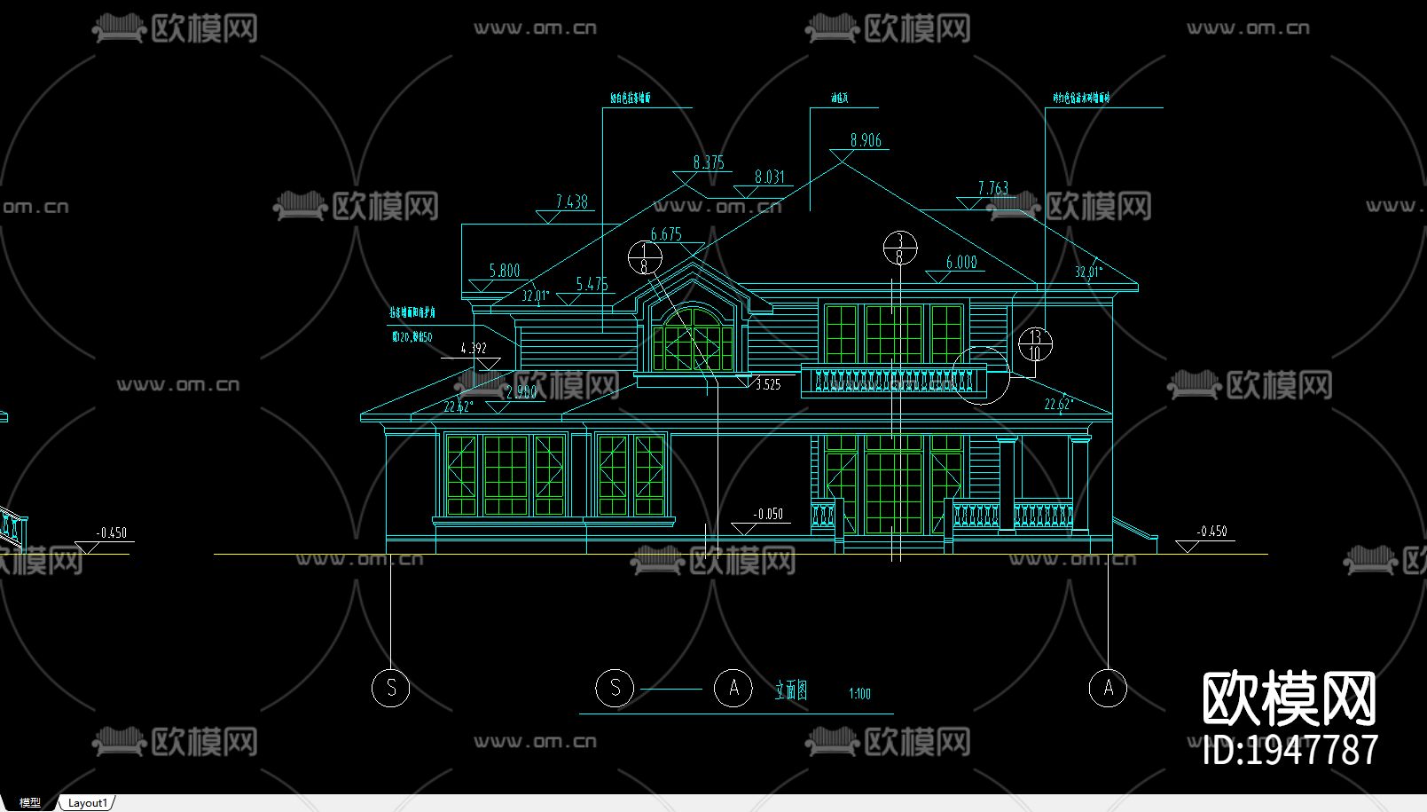 别墅建筑cad图下载（渲染图1）