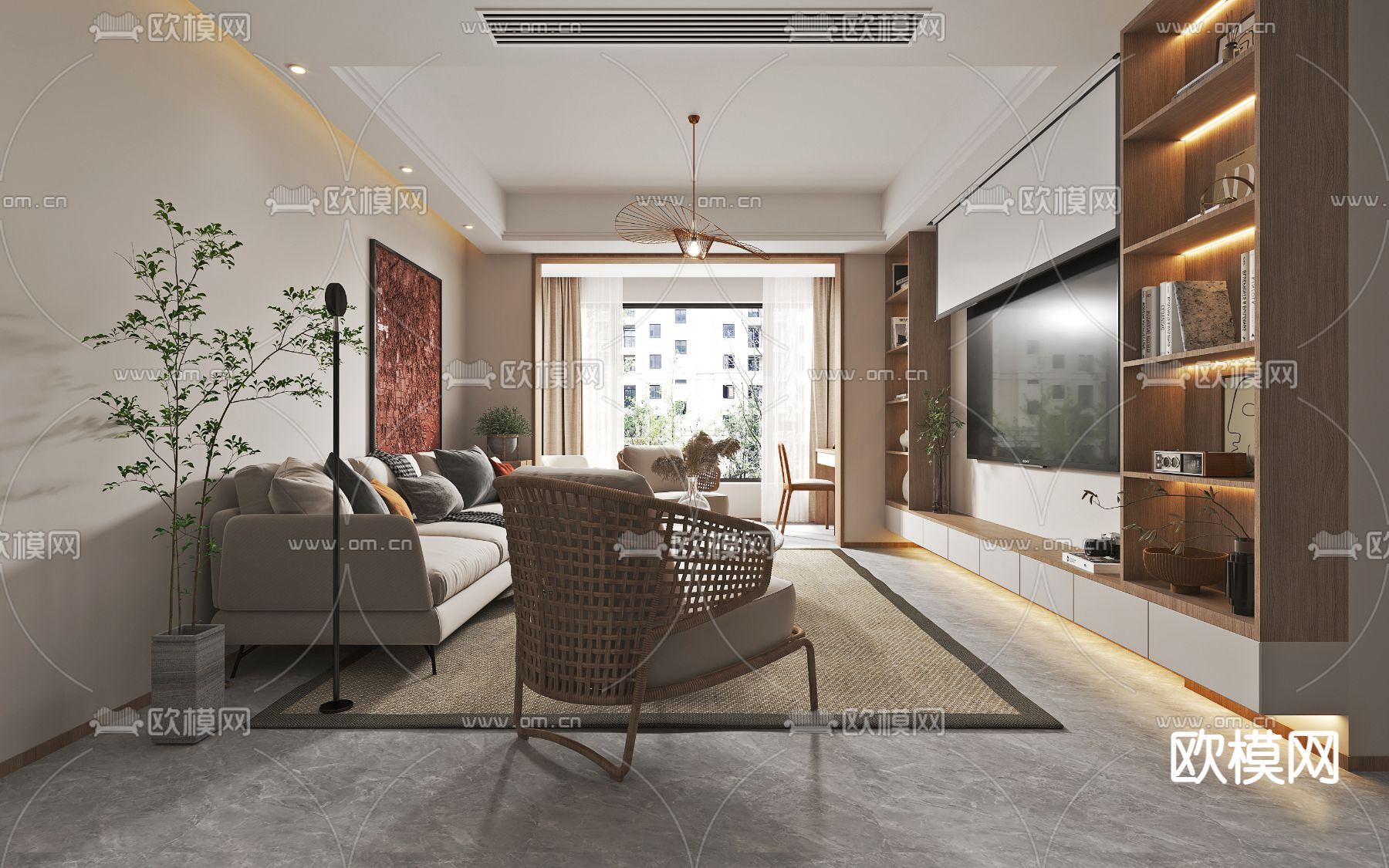 侘寂客厅餐厅3d模型下载（渲染图3）