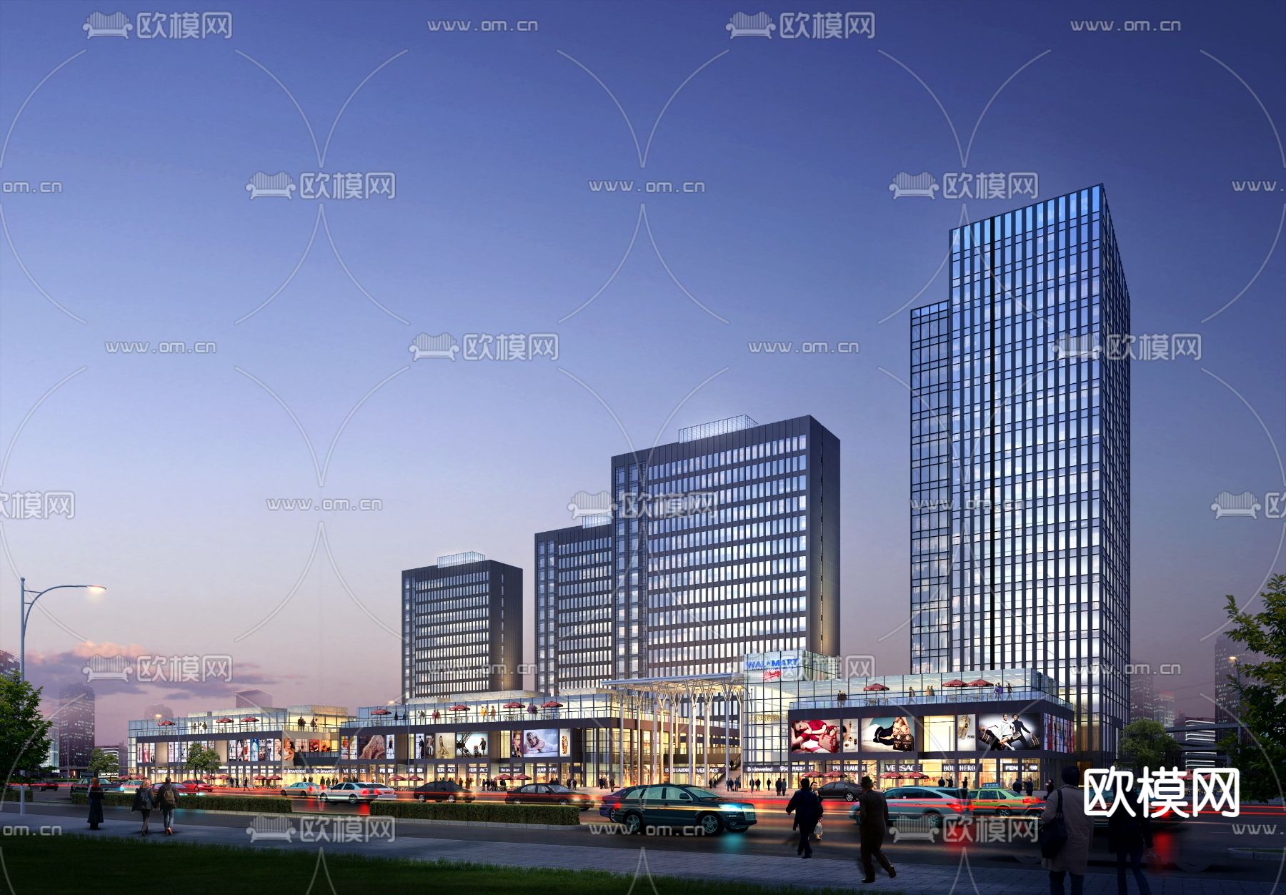现代商业办公楼夜景建筑外观3d模型下载