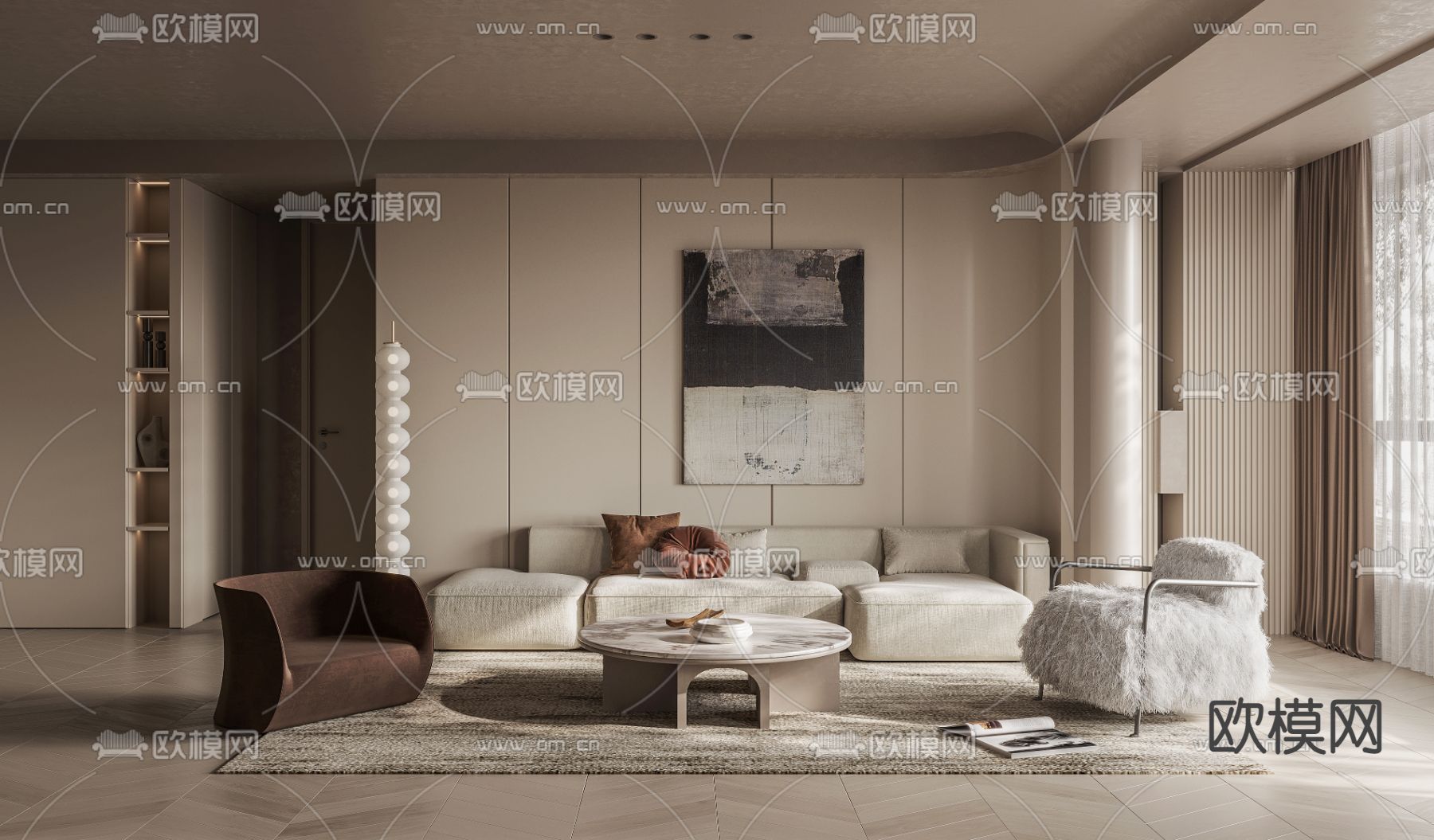 侘寂风布艺转角沙发组合3d模型下载