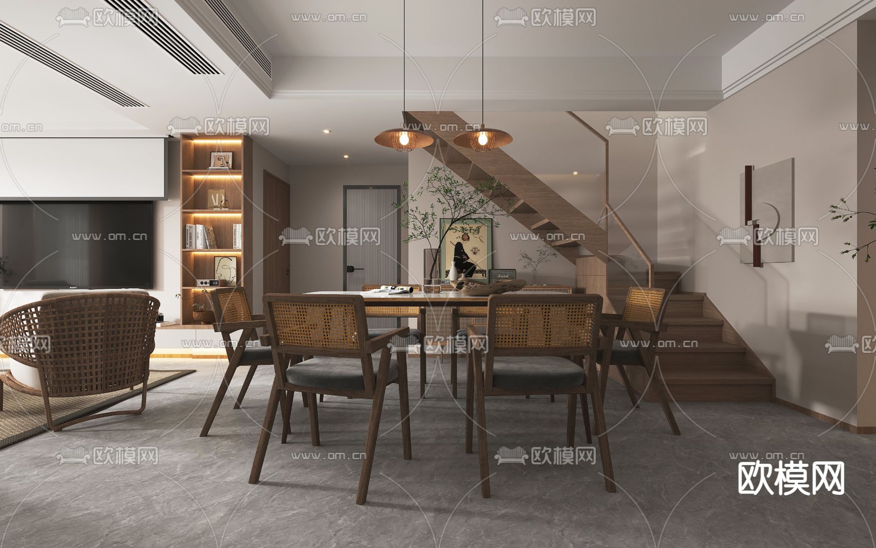 侘寂客厅餐厅3d模型下载（渲染图6）