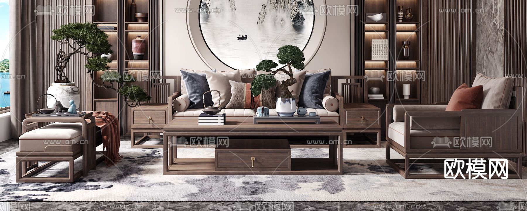 新中式布艺组合沙发3d模型下载（渲染图2）