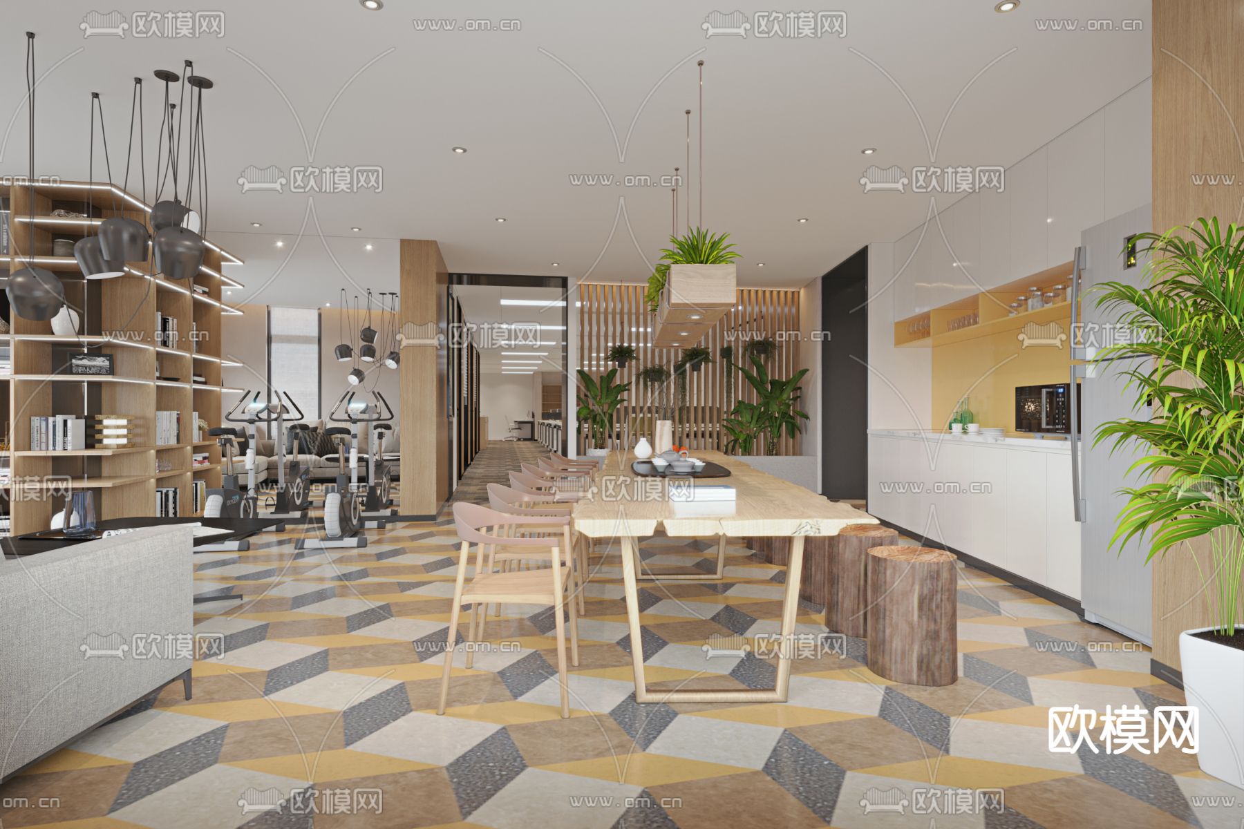 现代办公室茶水间3d模型下载（渲染图1）
