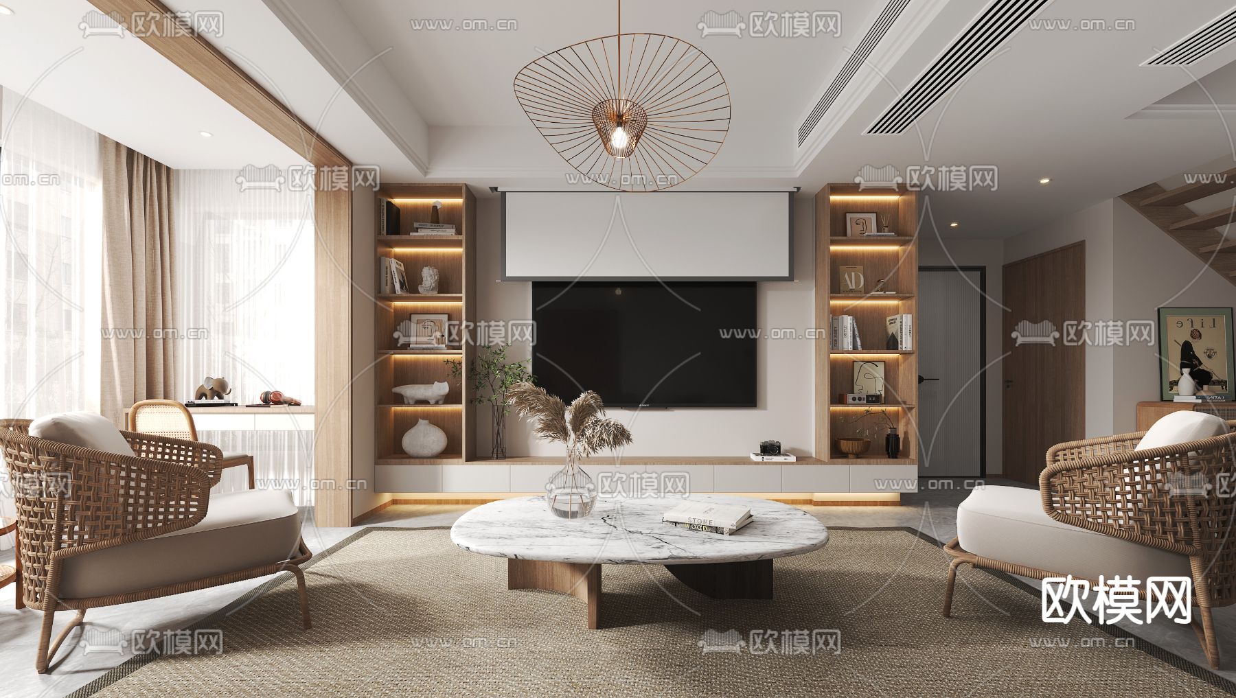 侘寂客厅餐厅3d模型下载（渲染图2）