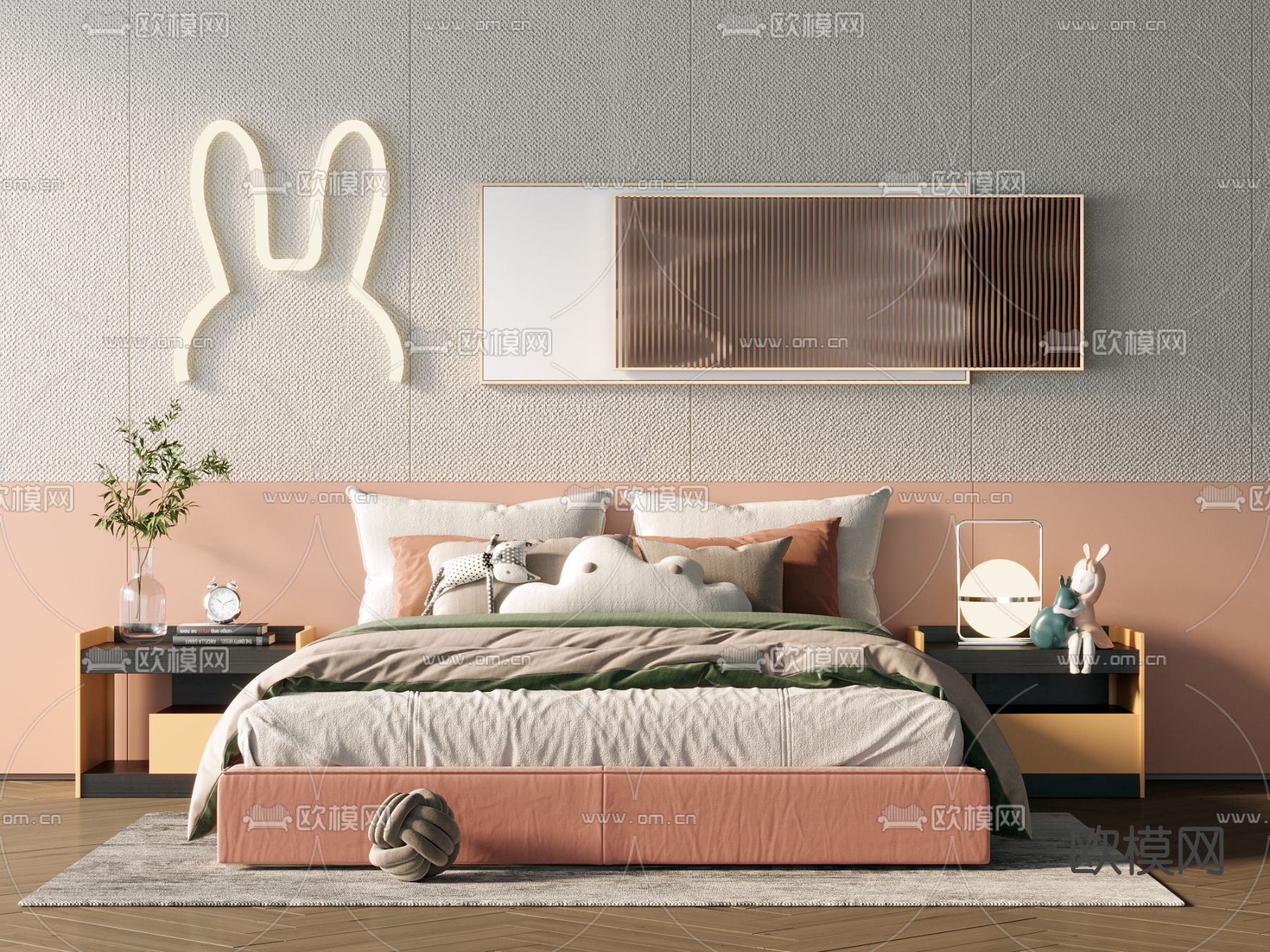现代布艺儿童床su模型下载（渲染图1）