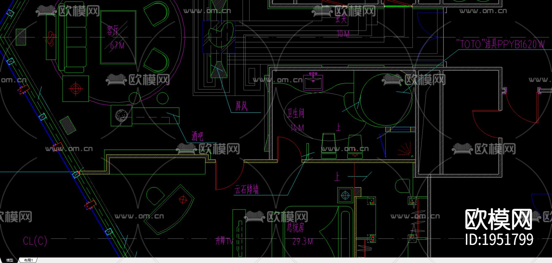 一个总统套房平面下载（渲染图2）