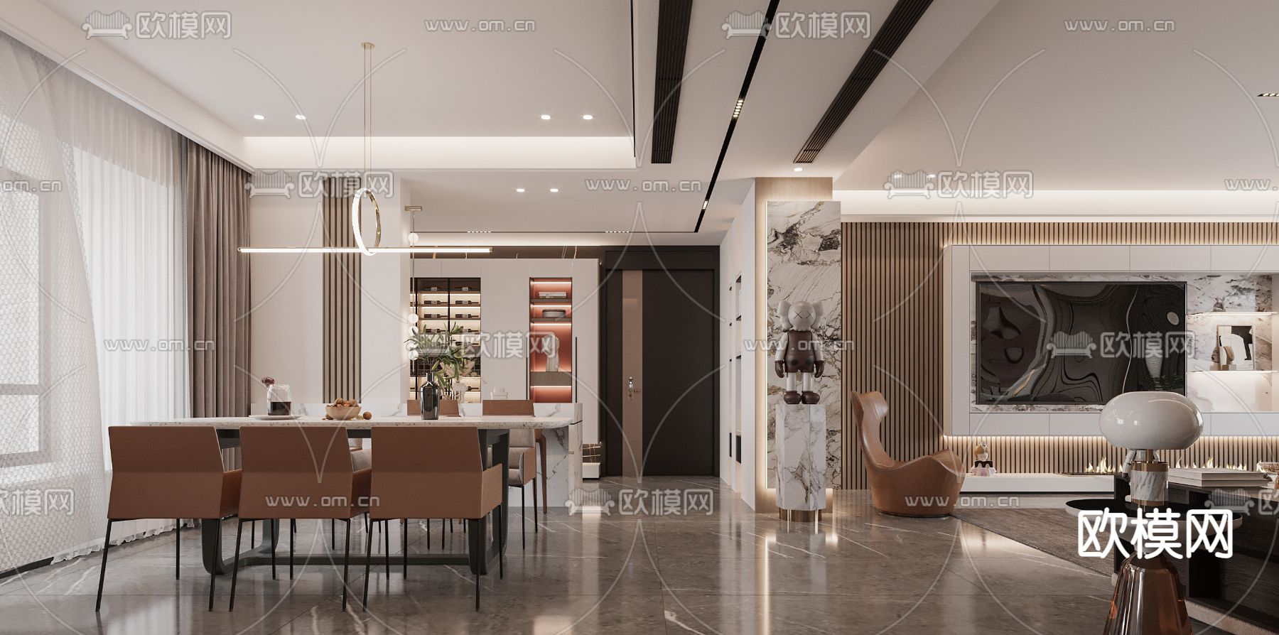 现代客厅餐厅3d模型下载（渲染图2）