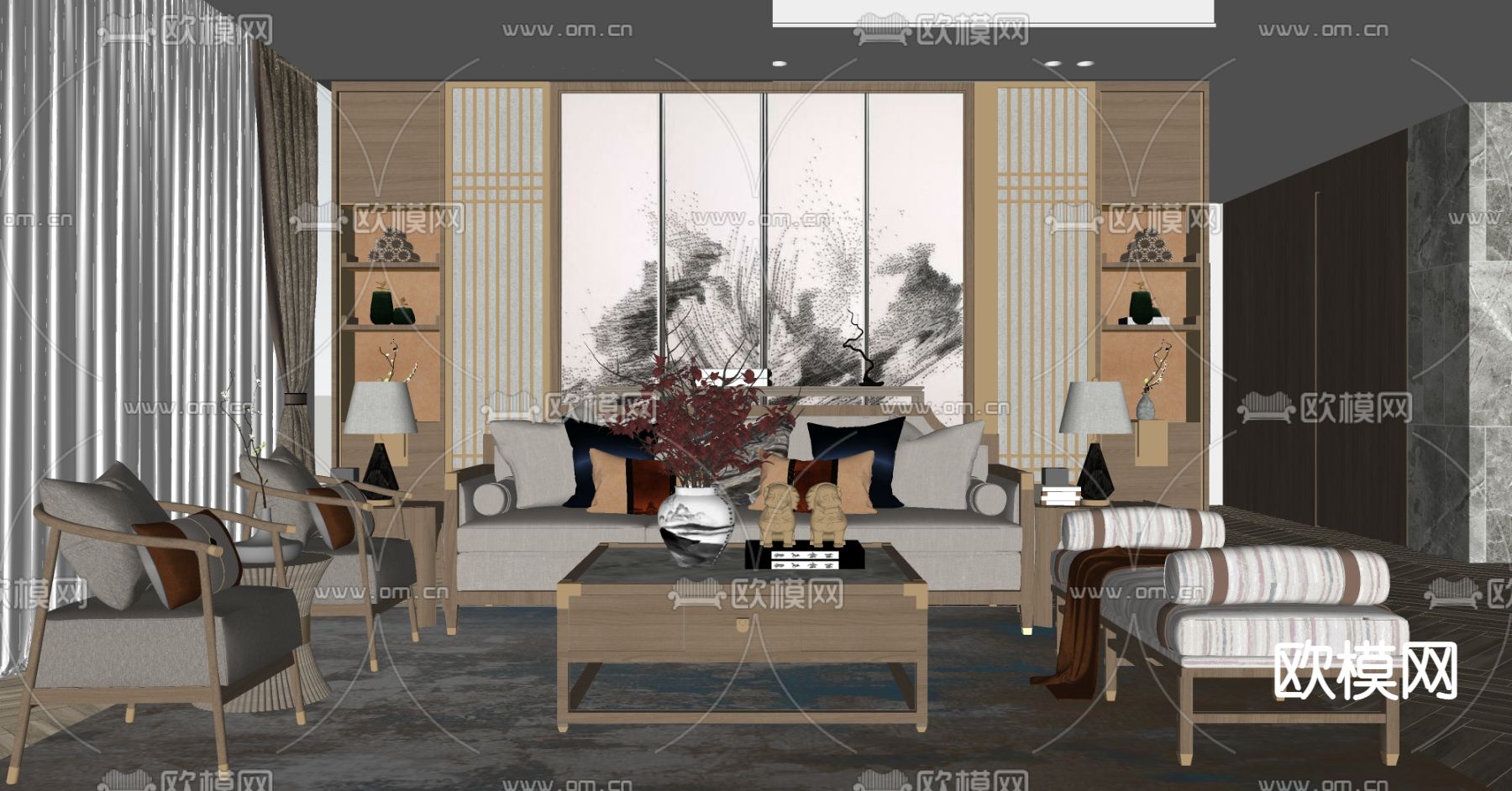 新中式布艺沙发组合su模型下载（渲染图2）