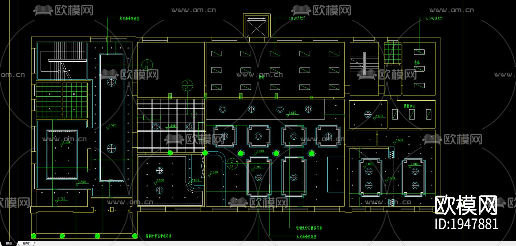 中餐厅cad平面图下载（渲染图2）