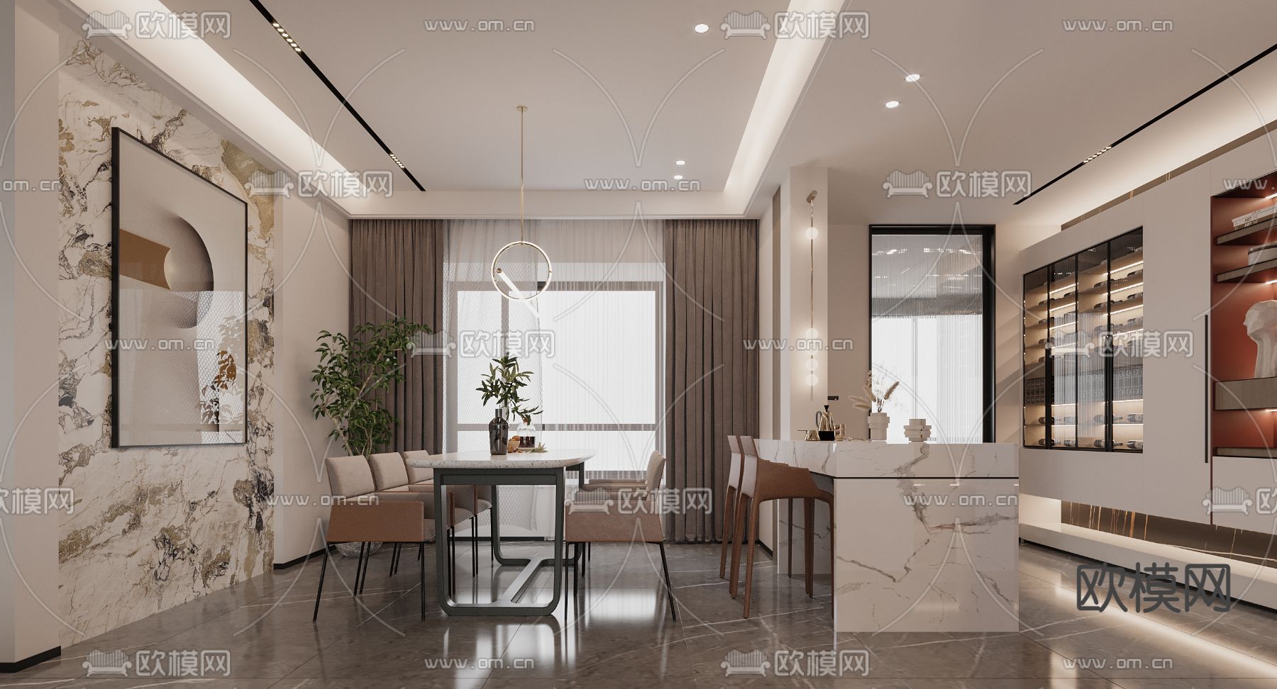 现代客厅餐厅3d模型下载（渲染图3）