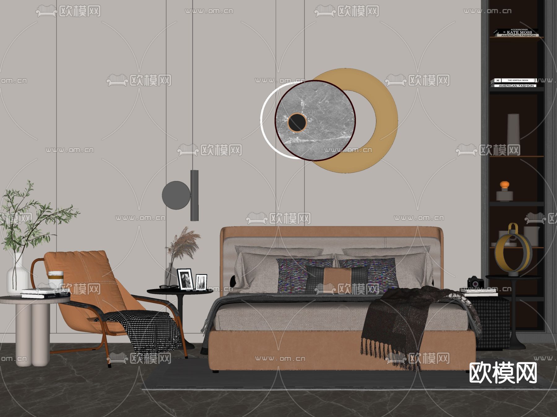 现代布艺双人床su模型下载（渲染图2）