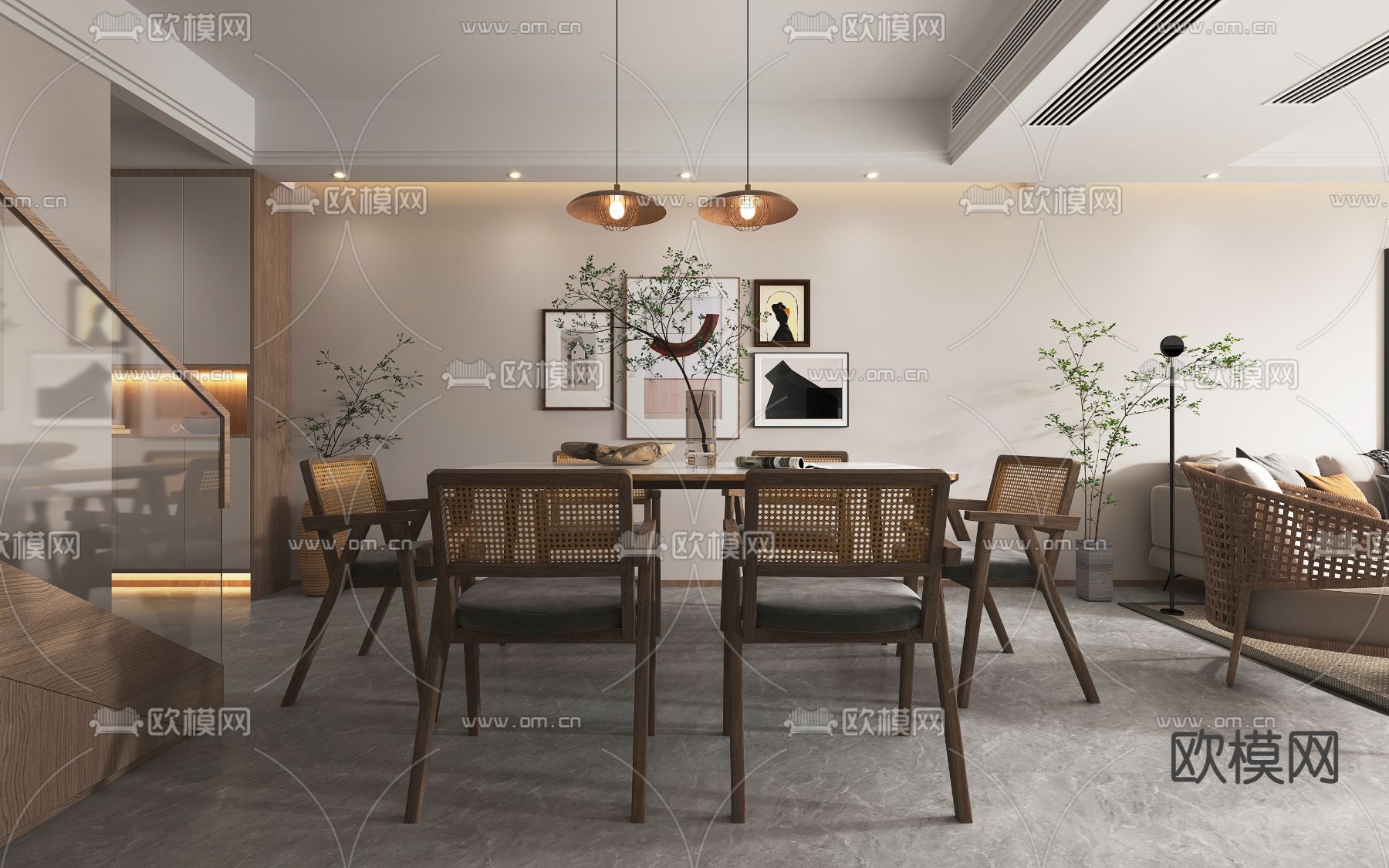 侘寂客厅餐厅3d模型下载（渲染图5）