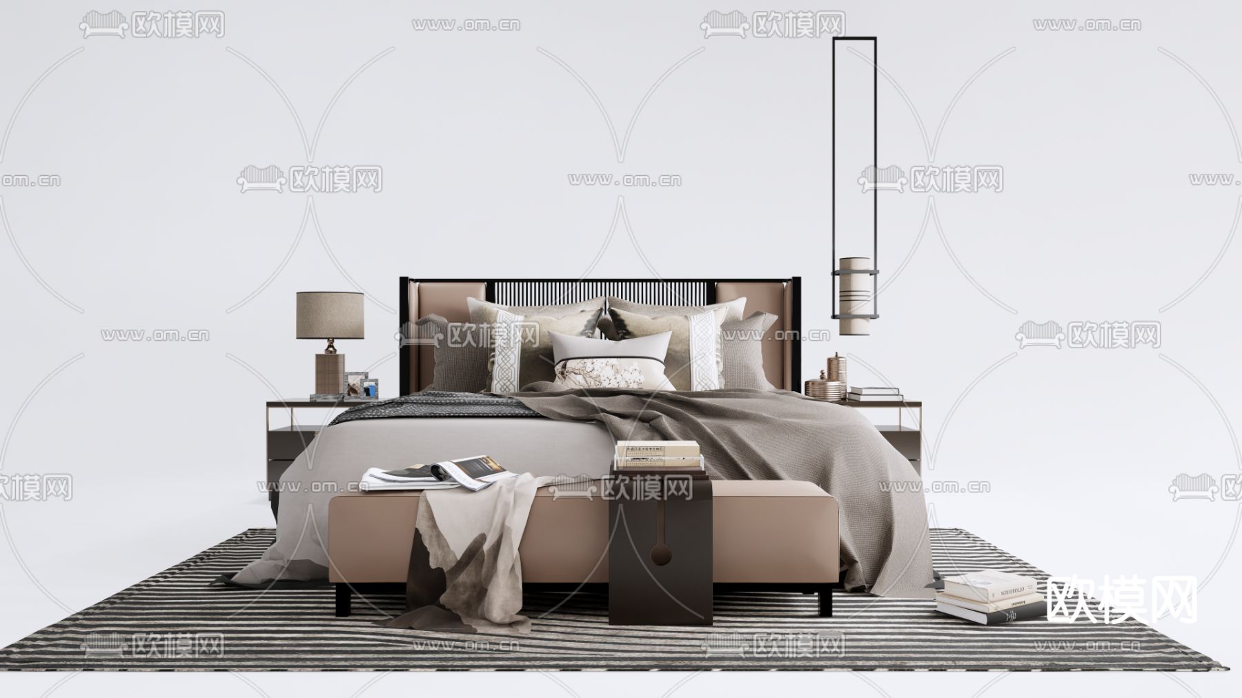 新中式双人床su模型下载（渲染图1）