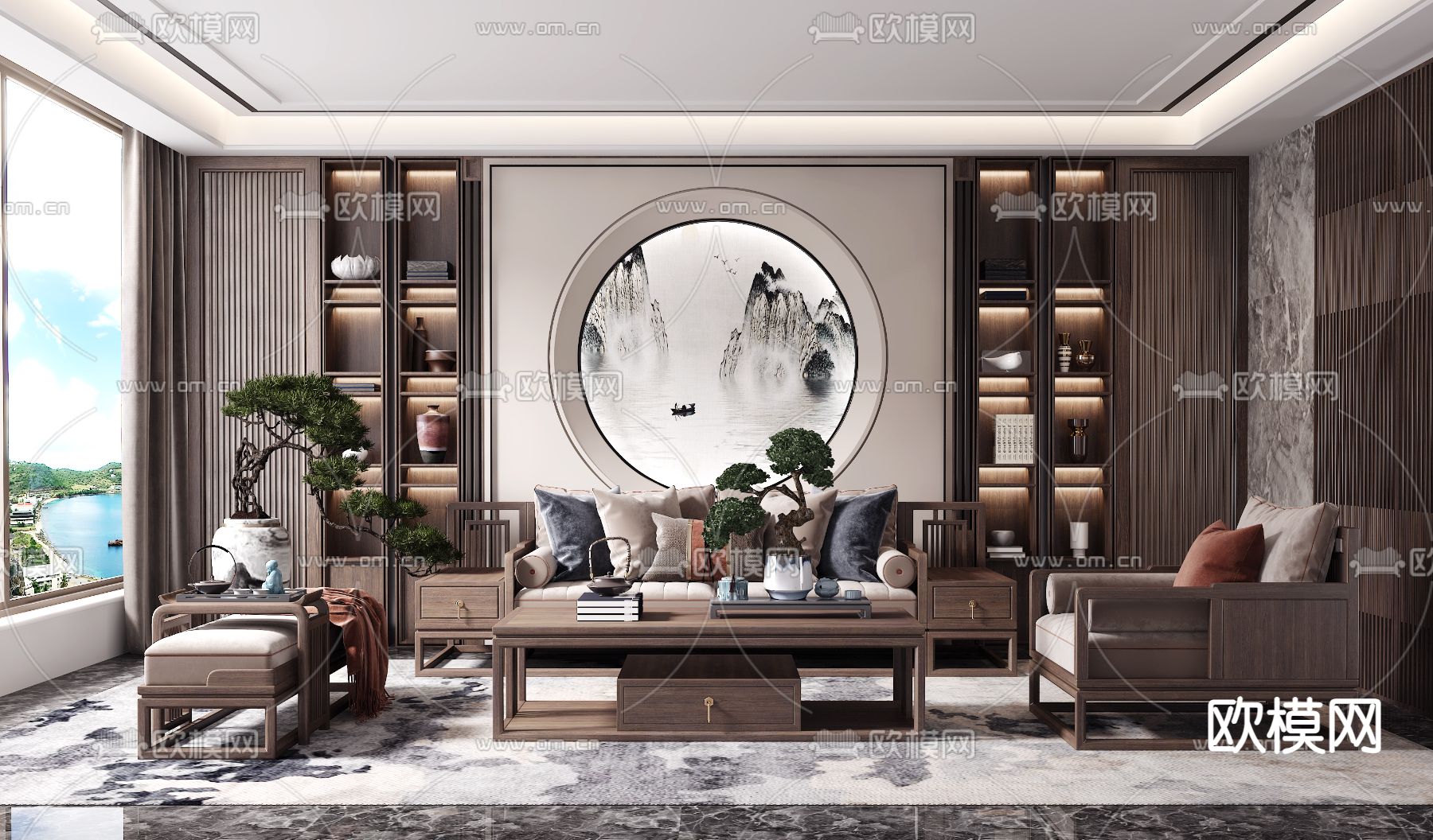 新中式布艺组合沙发3d模型下载（渲染图1）